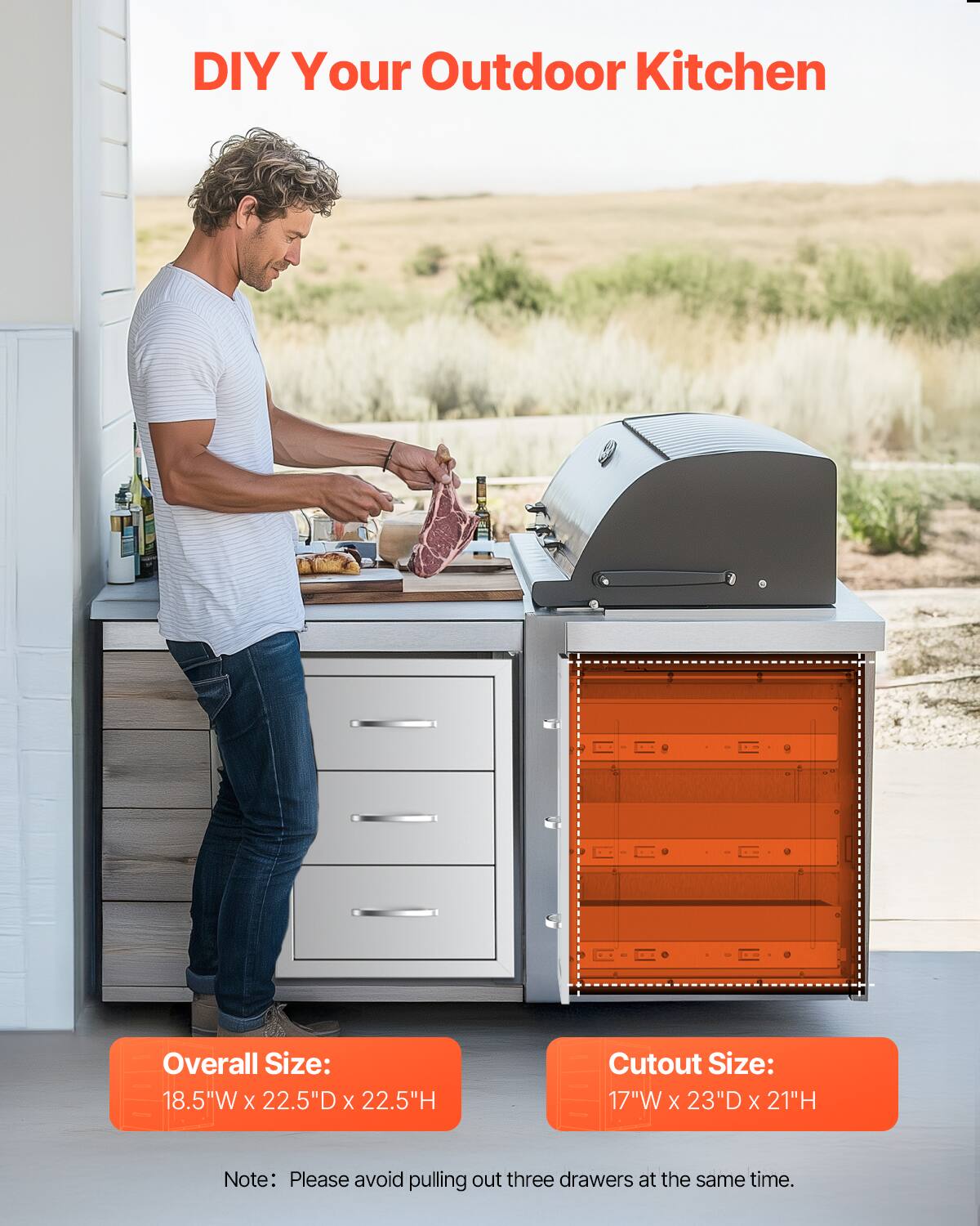 DIY Your Outdoor Kitchen

Overall Size:  
18.5"W x 22.5"D x 22.5"H

Cutout Size:  
17"W x 23"D x 21"H

Note: Please avoid pulling out three drawers at the same time.