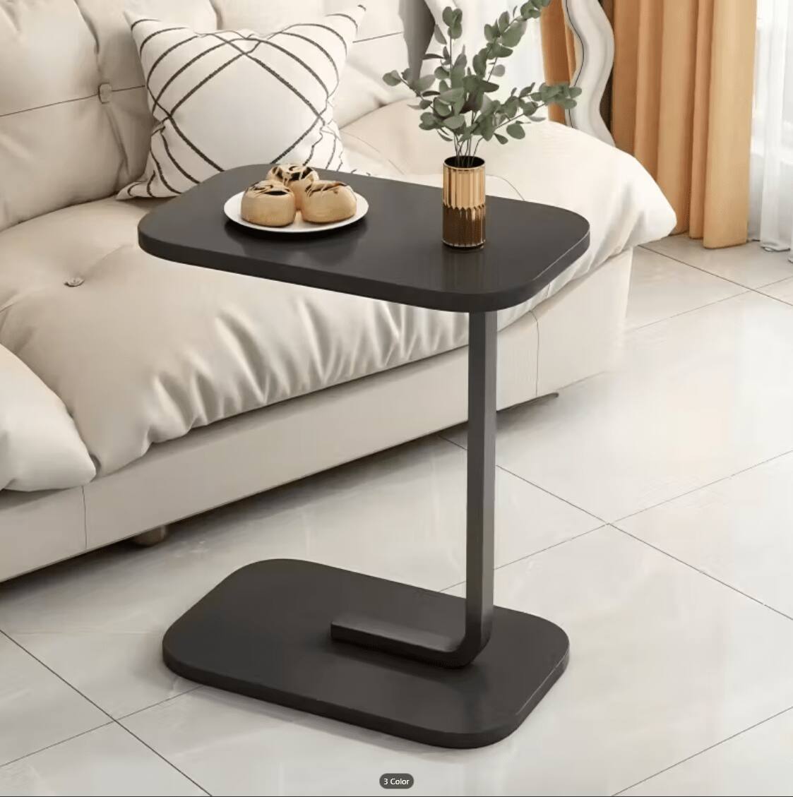 WG - Modern C Shaped Side Table for Small Spaces Wood Coffee Table with Walnut White Top for Sofa and Bed Top Tabletop - Black