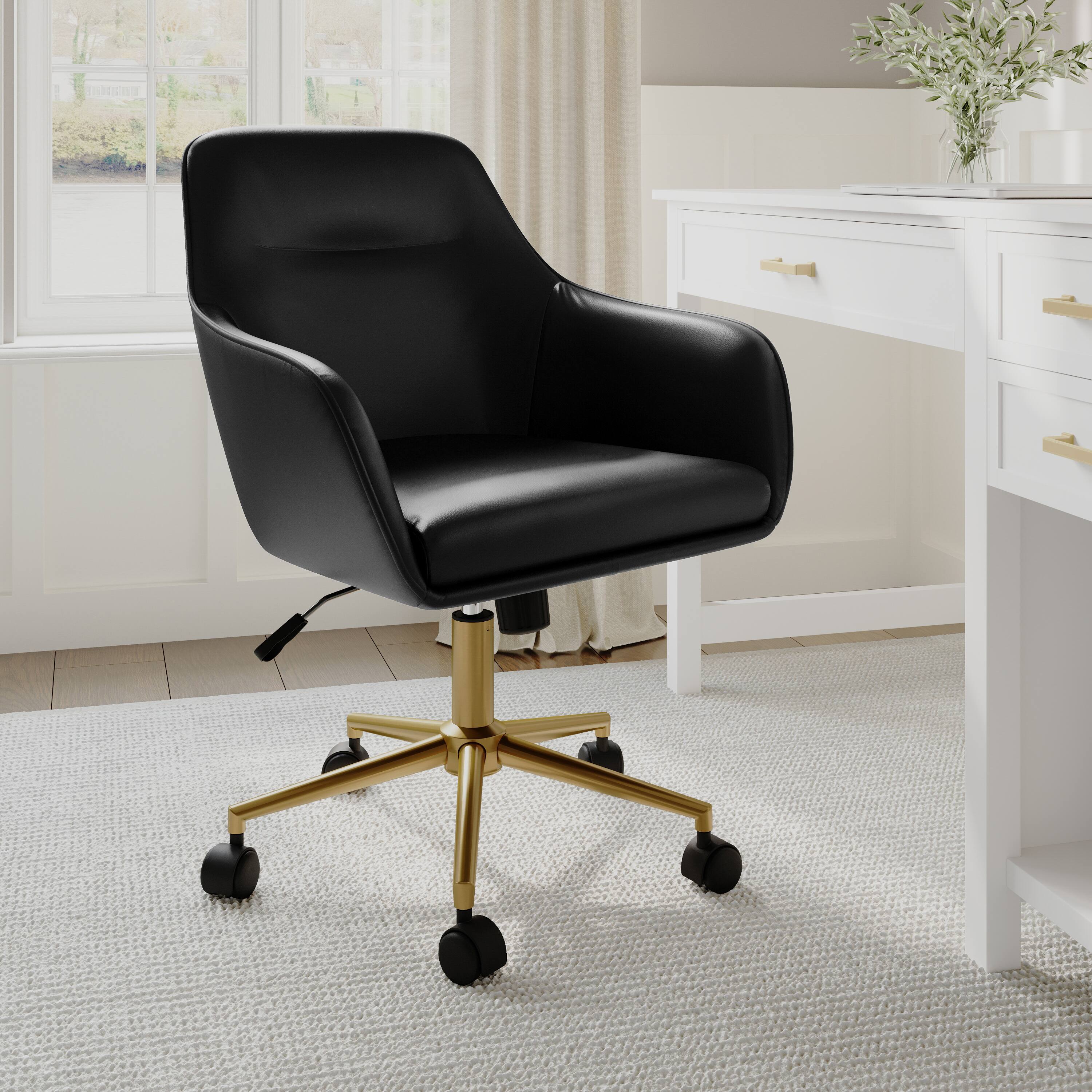 Alt View 4. Martha Stewart - Rayna Upholstered Swivel Home Office Chair with Flared Arms - Black Faux Leather/Polished Brass Frame.