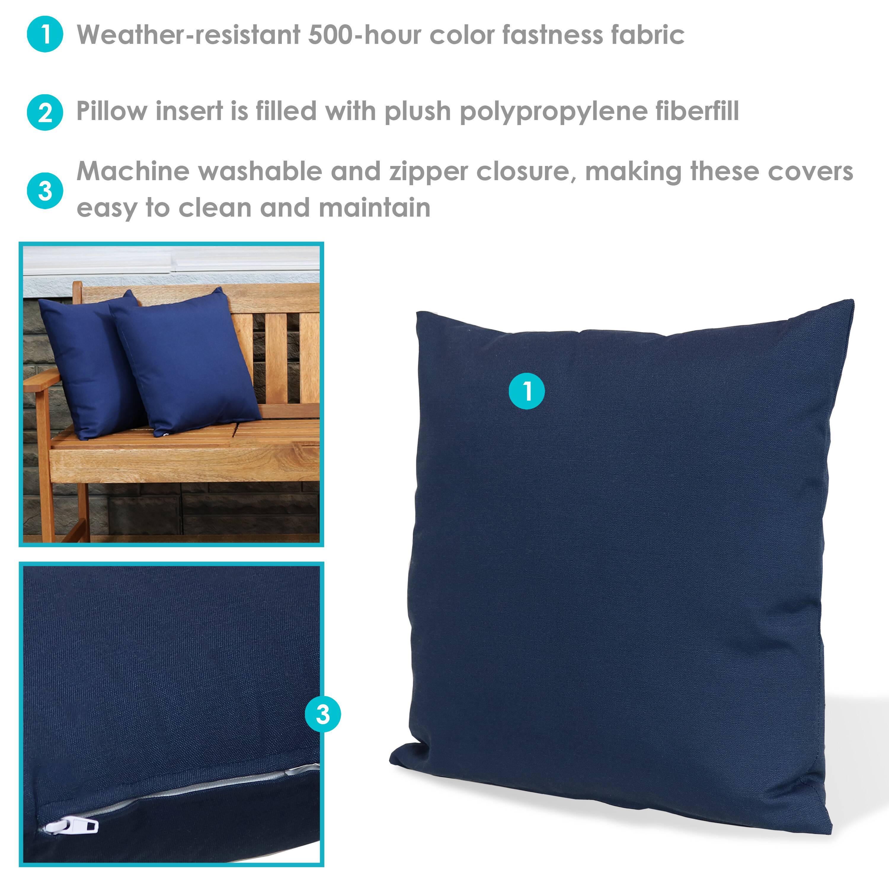 1. Weather-resistant 500-hour color fastness fabric

2. Pillow insert is filled with plush polypropylene fiberfill

3. Machine washable and zipper closure, making these covers easy to clean and maintain