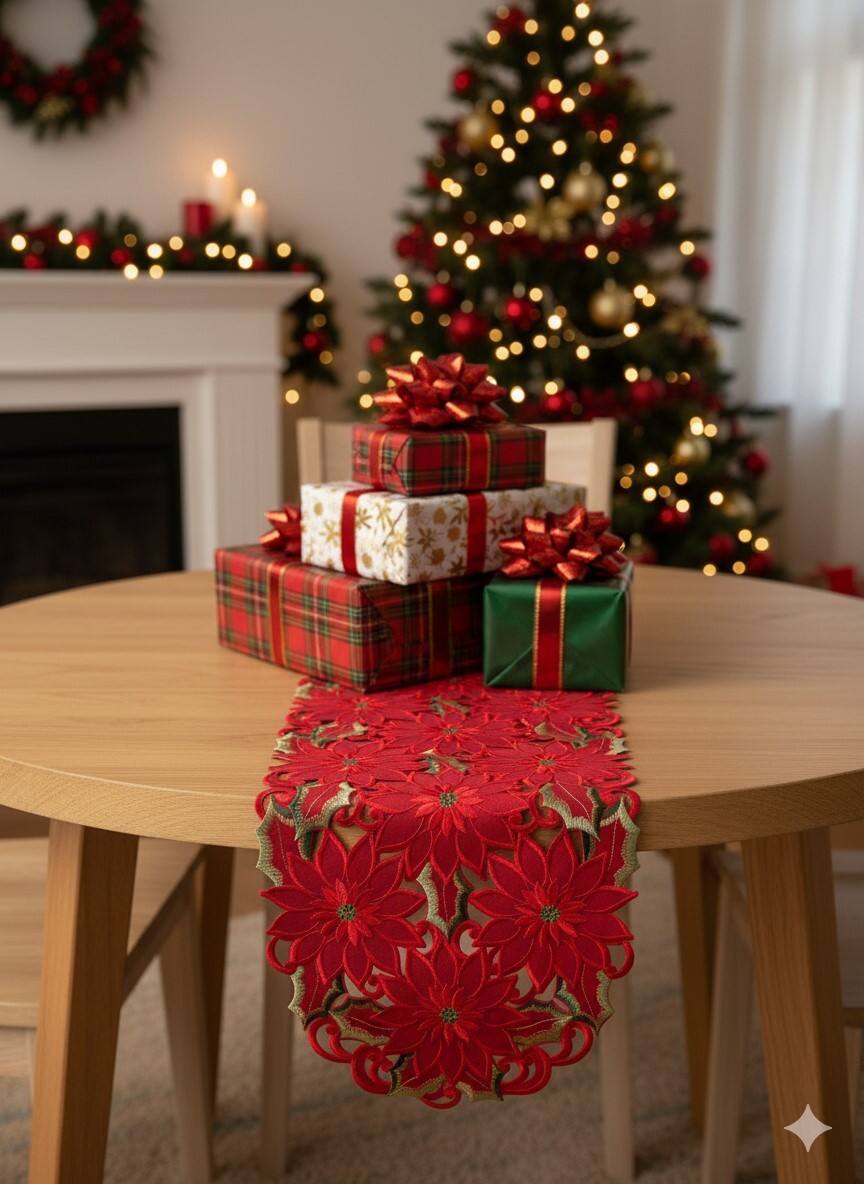 Angle. Jiallo - Poinsettia and Green Leaf Embroidered Cutwork Rectangular Table Runner, 13 by 27 inch Table Linen - Red.