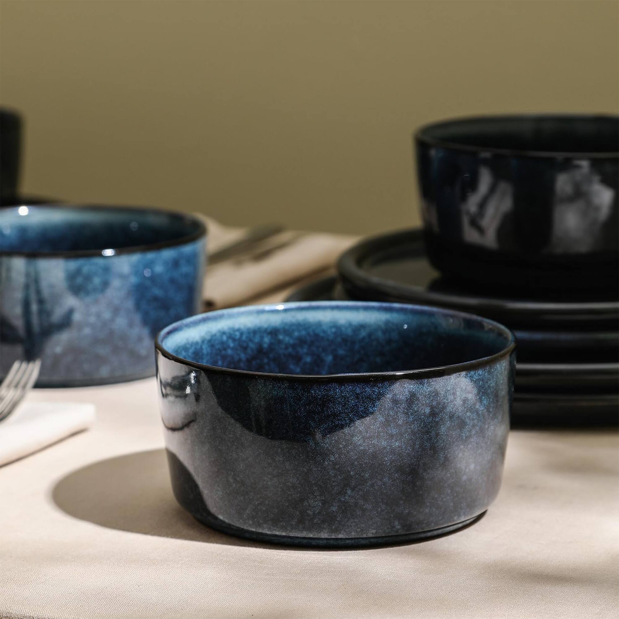 Alt View 3. Stone Lain - Stone Lain 12 Piece Modern Stoneware Dinnerware Set Plates, Bowls, Dark Blue - Dark Blue.