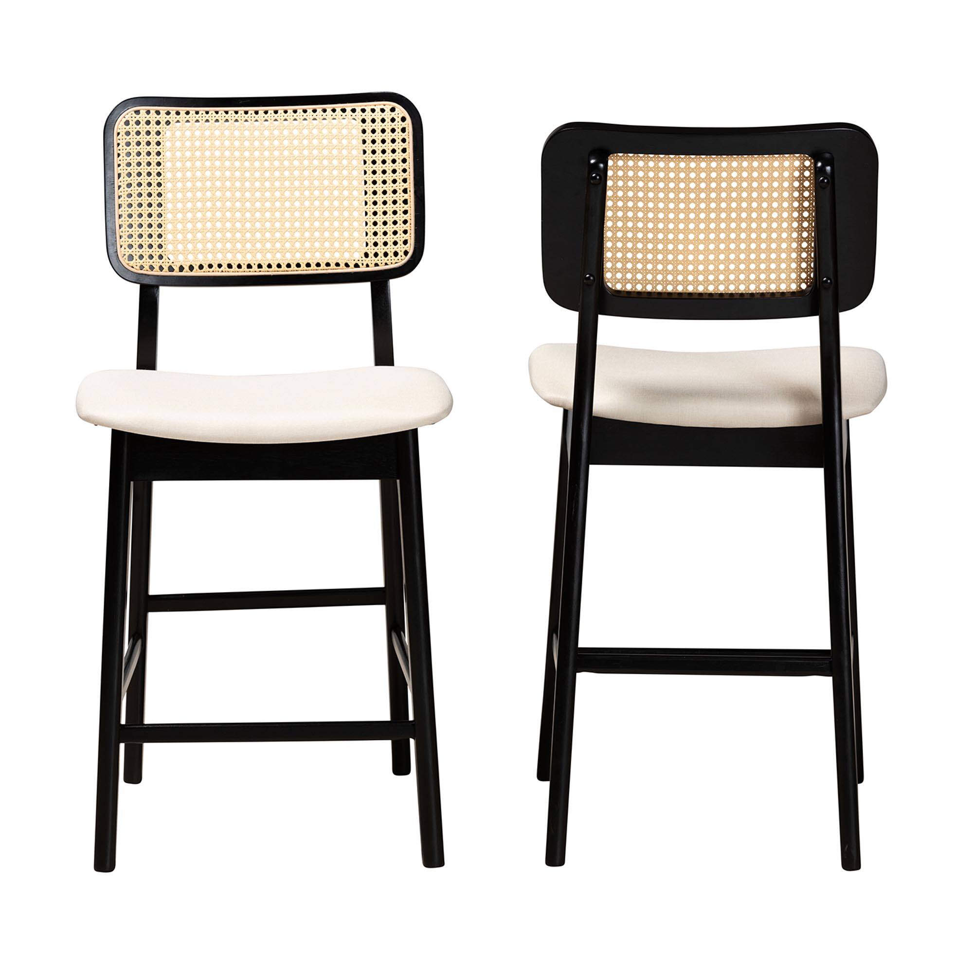 Angle. Baxton Studio - Dannon Mid-Century Modern Fabric and Finished Wood 2-Piece Counter Stool Set - Cream/Black/Light Brown.
