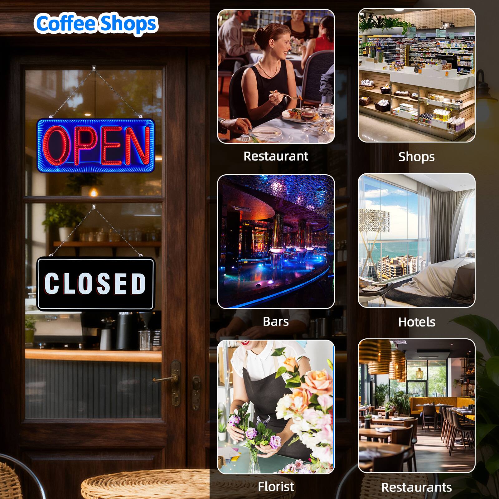 Coffee Shops  
OPEN  

Restaurant  
Shops  
CLOSED  

Bars  
Hotels  
Florist  
Restaurants