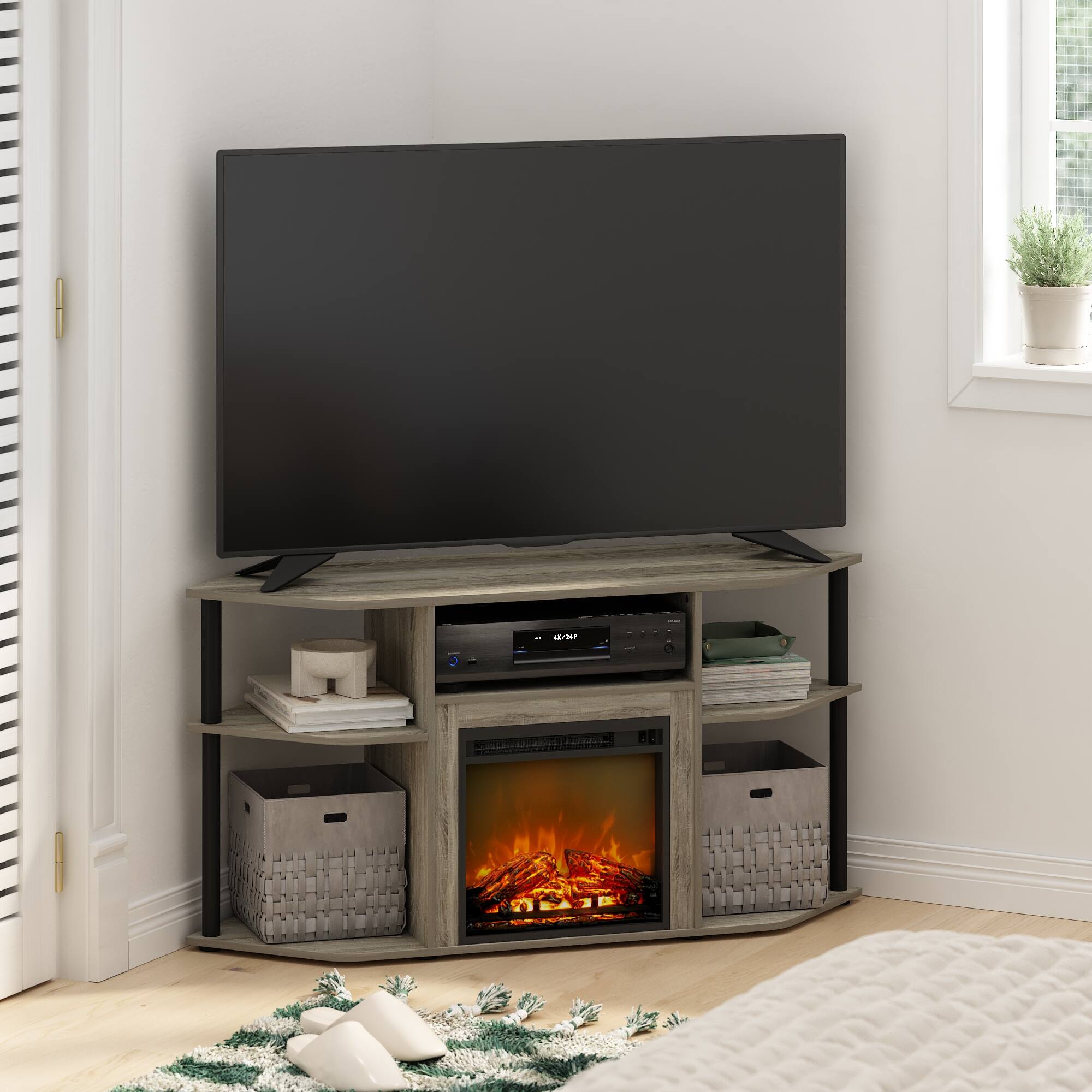 Alt View 5. Furinno - Jensen Open Storage Corner Fireplace TV Entertainment Center with Plastic Poles for TV up to 55 Inch - French Oak Grey/Black.