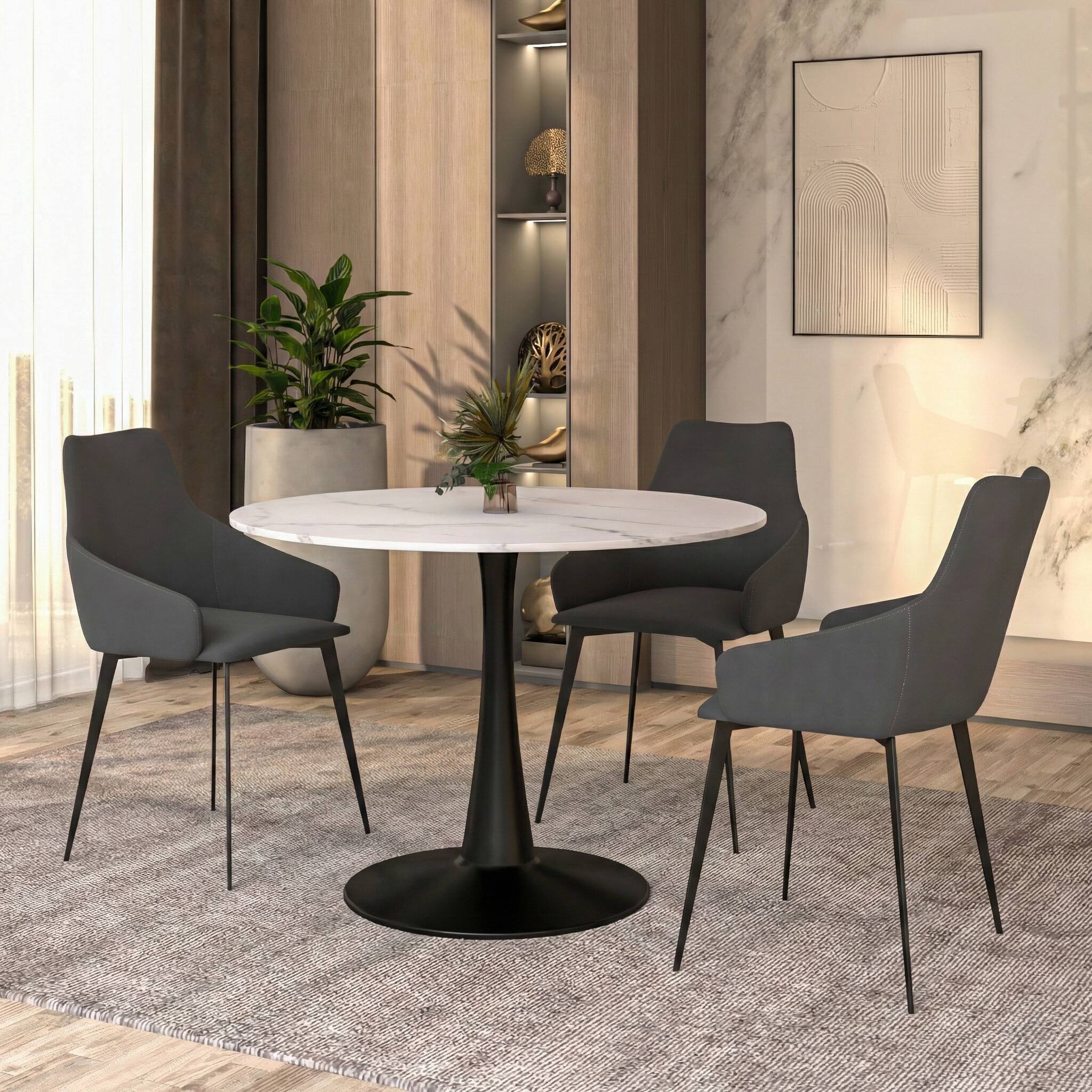 Angle. LeisureMod - Bristol 40" Minimalist Round Pedestal Dining Table - Space-Saving Kitchen Table with Powder-Coated Steel Base - MDF - Marbled White.