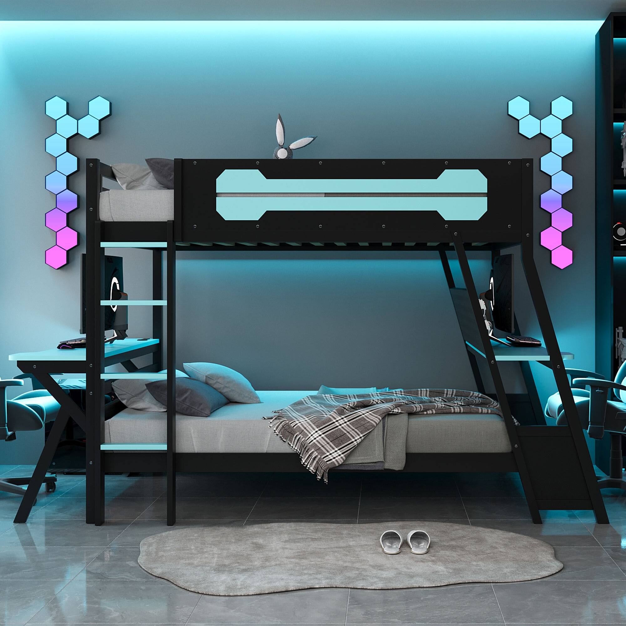 Angle. Anysun - Full Size Bunk Bed with Two Built-In Gaming Desks, USB Desktop Ports & Pegboard Organizer, Gaming Bunk Frame for Gamer - Blue.