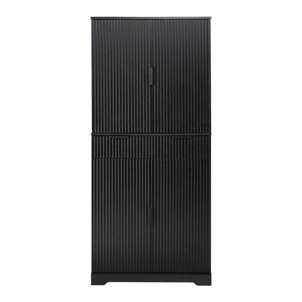 Angle. Kadyn - 72" Fluted Kitchen Pantry with 3 Keyboard Drawers and Adjustable Shelves - Black - Black.