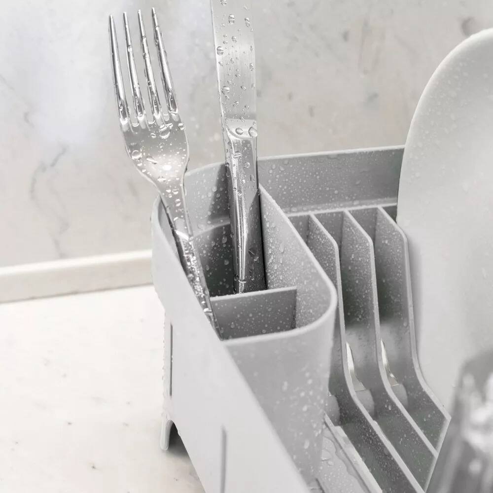 Left. OU - OU Dish Drying Rack for Kitchen Counter, Freestanding Plastic Dish Strainer with Utensil Holder - White - White.