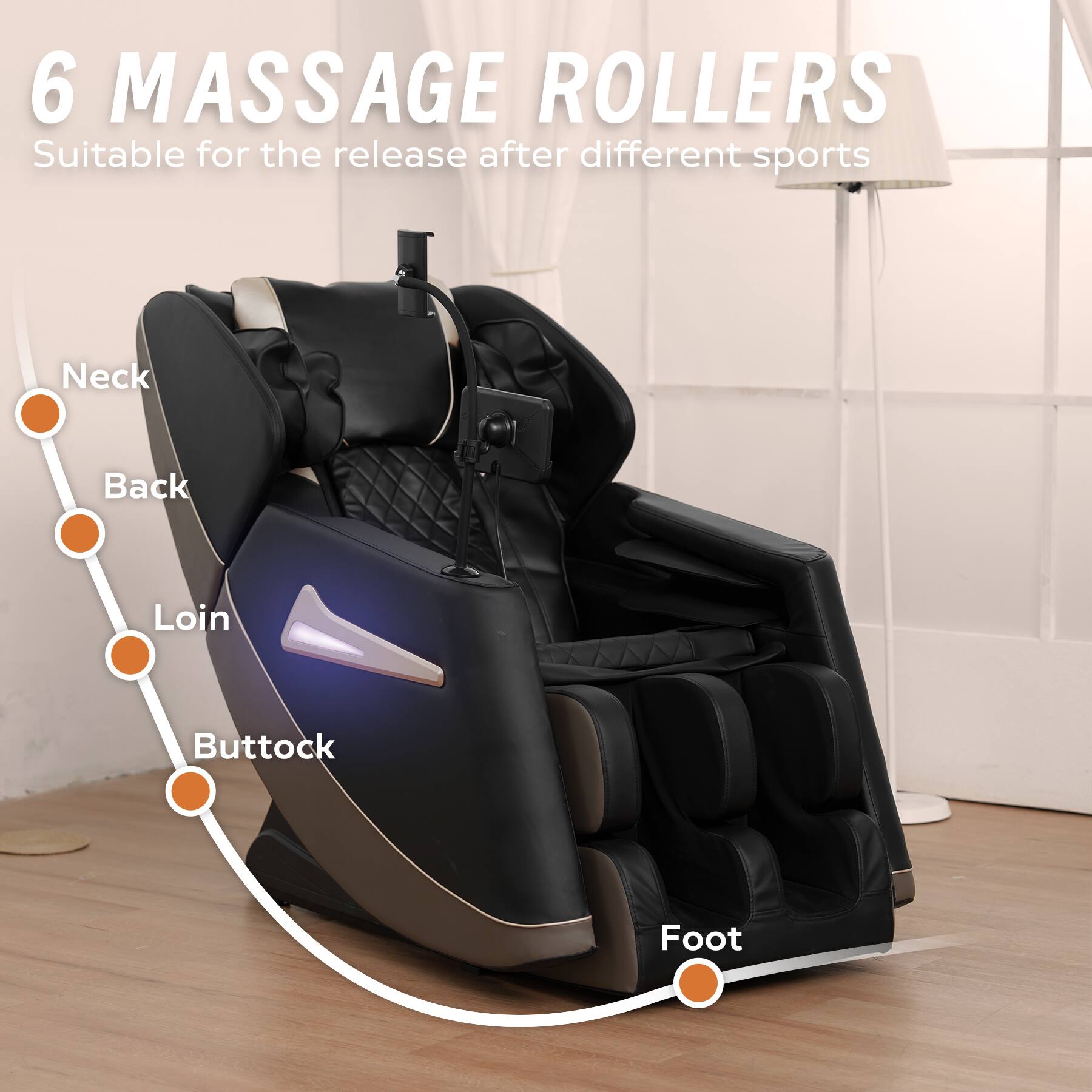 6 MASSAGE ROLLERS  
Suitable for the release after different sports  

- Neck  
- Back  
- Loin  
- Buttock  
- Foot