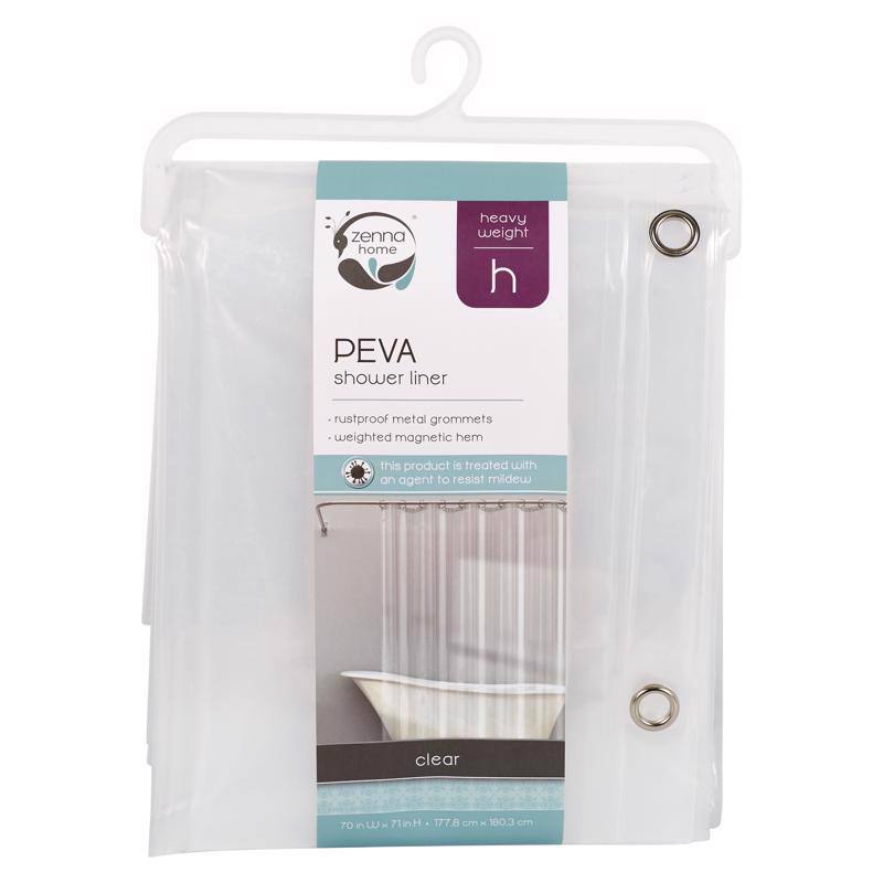 zenna home heavy weight h PEVA shower liner rustproof metal grommets weighted magnetic hem this product is treated with an agent to resist mildew clear 70 in x 71 in h 177.8 cm x 180.3 cm