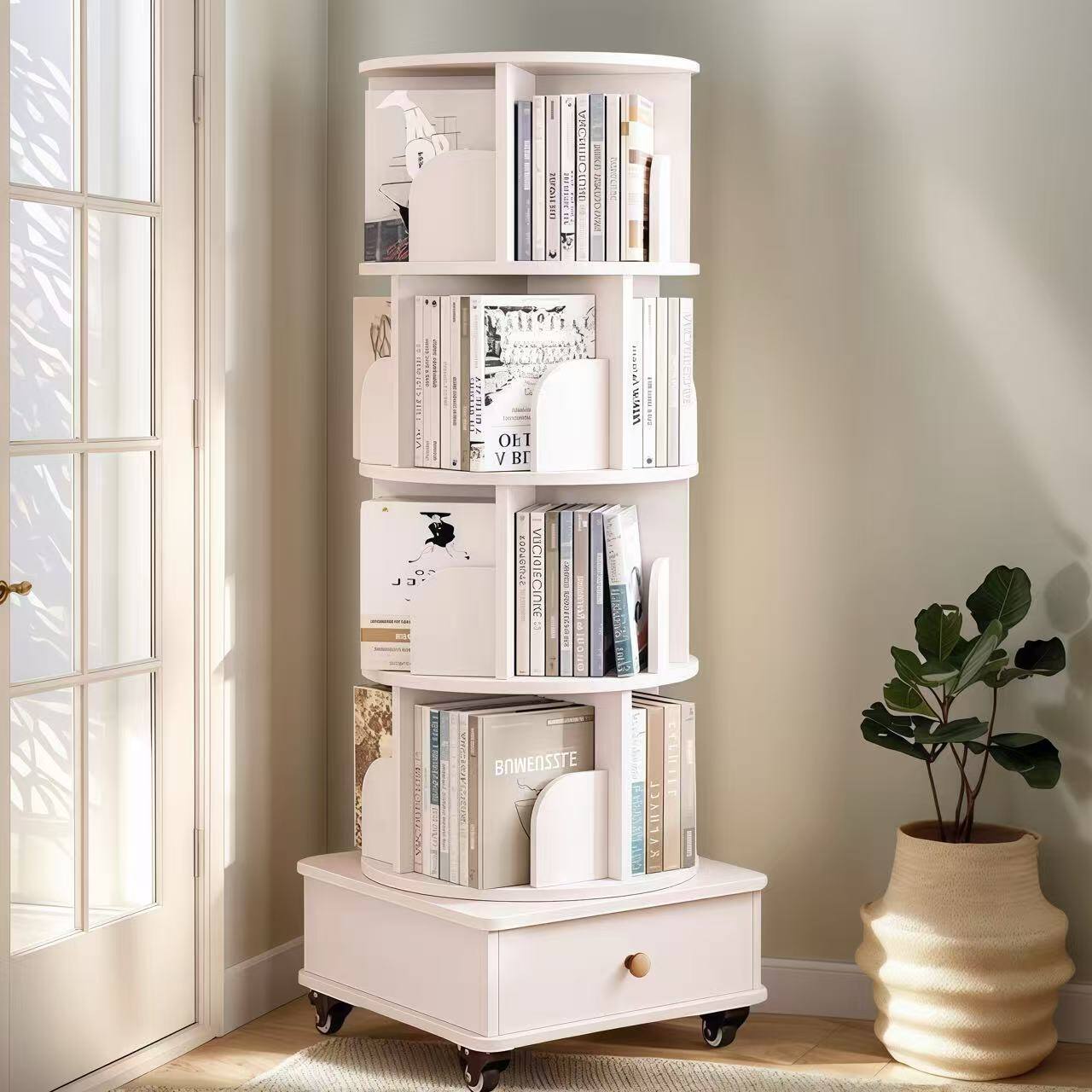 APRILSOUL - Rotating Bookshelf 360 5 Tier Corner with Drawer Bedroom Living Room - White
