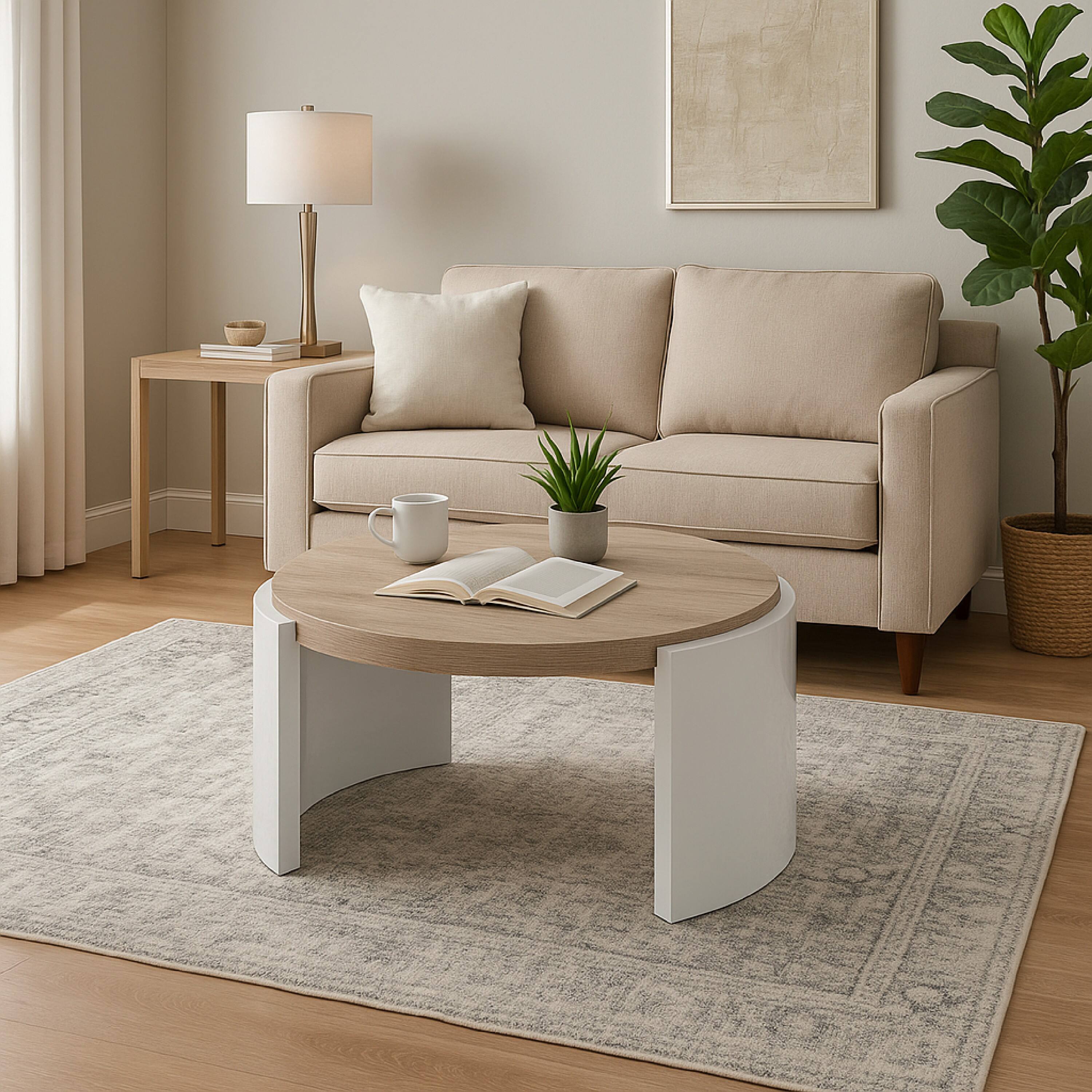 Alt View 5. Manhattan Lane - Romani Coffee Table, White High Gloss Wood, Brown Top, Round 33 Inch - White, Brown.