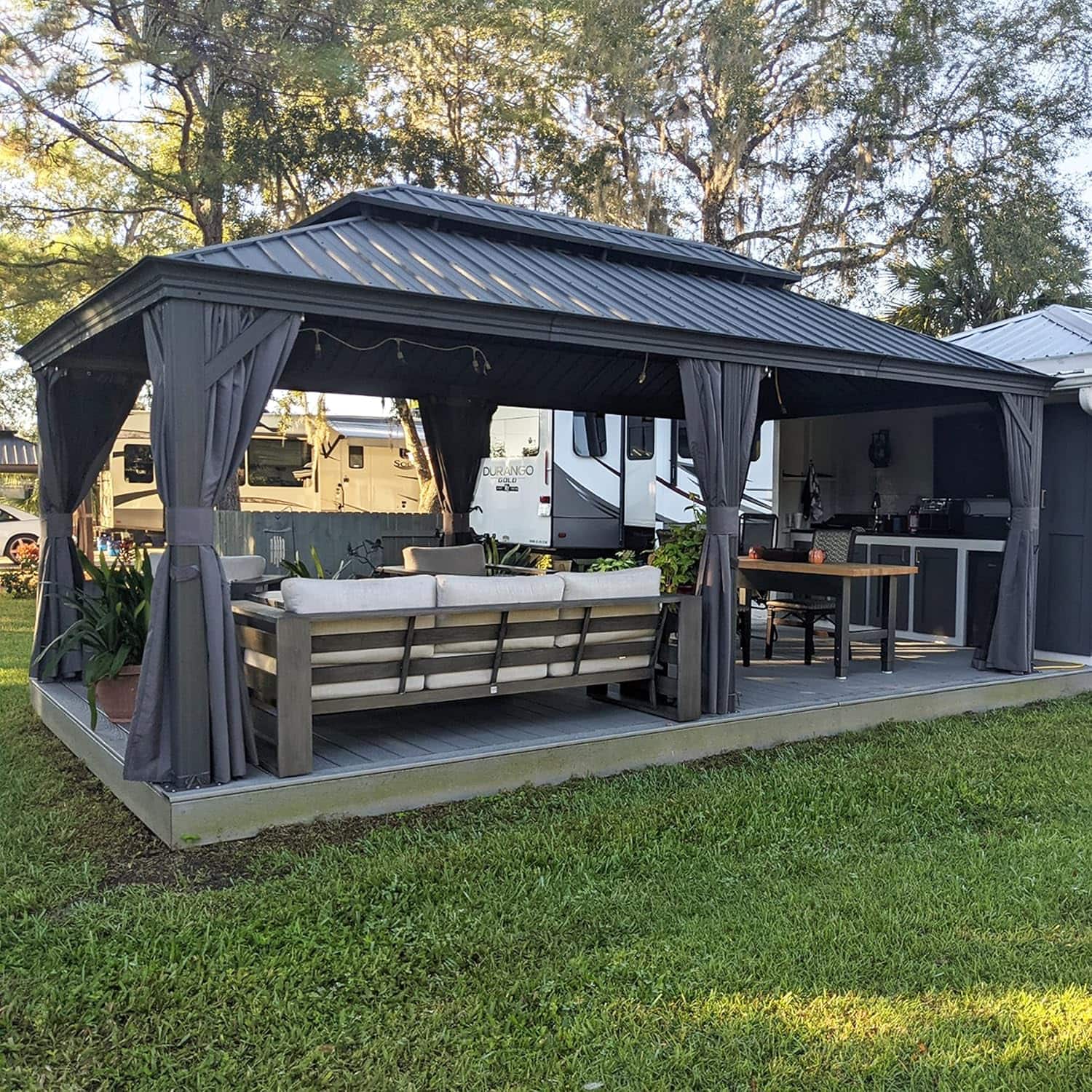 Front. PURPLE LEAF - 12 X 20 FT Permanent Hardtop Aluminum Gazebo with Double Roof for Patio Lawn and Garden, Curtains and Netting Included - 12' X 20'.