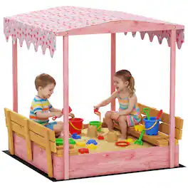 Qaba - Sandbox with Cover, Kids Sandbox Outdoor with Seat, Bottom Liner, Canopy for Ages 3-6 - Pink
