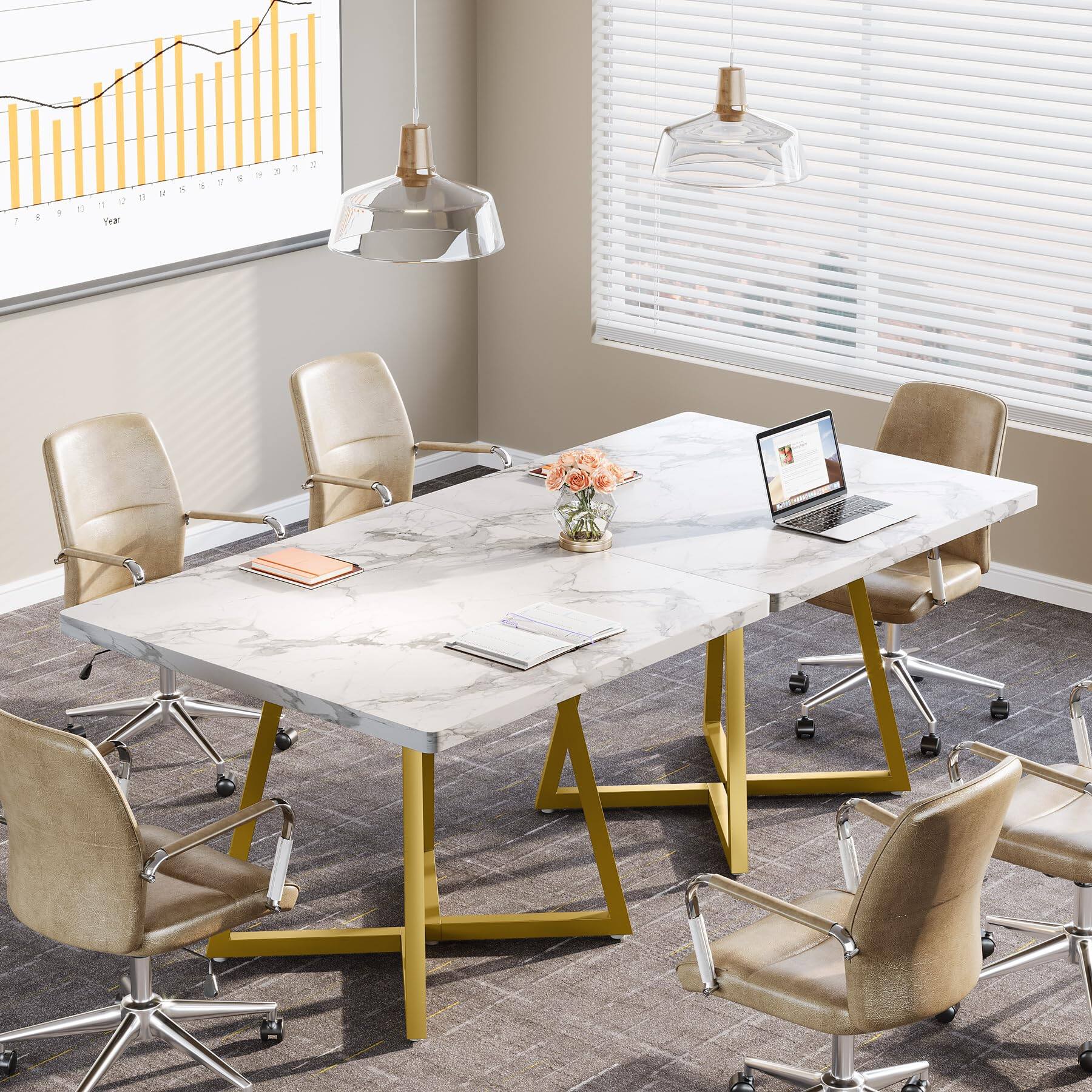 Left. Tribesigns - 31.5" Square Conference Table, Industrial Office Meeting Table for 4 People, Business Podcast Furniture with Metal Base - White & Gold.