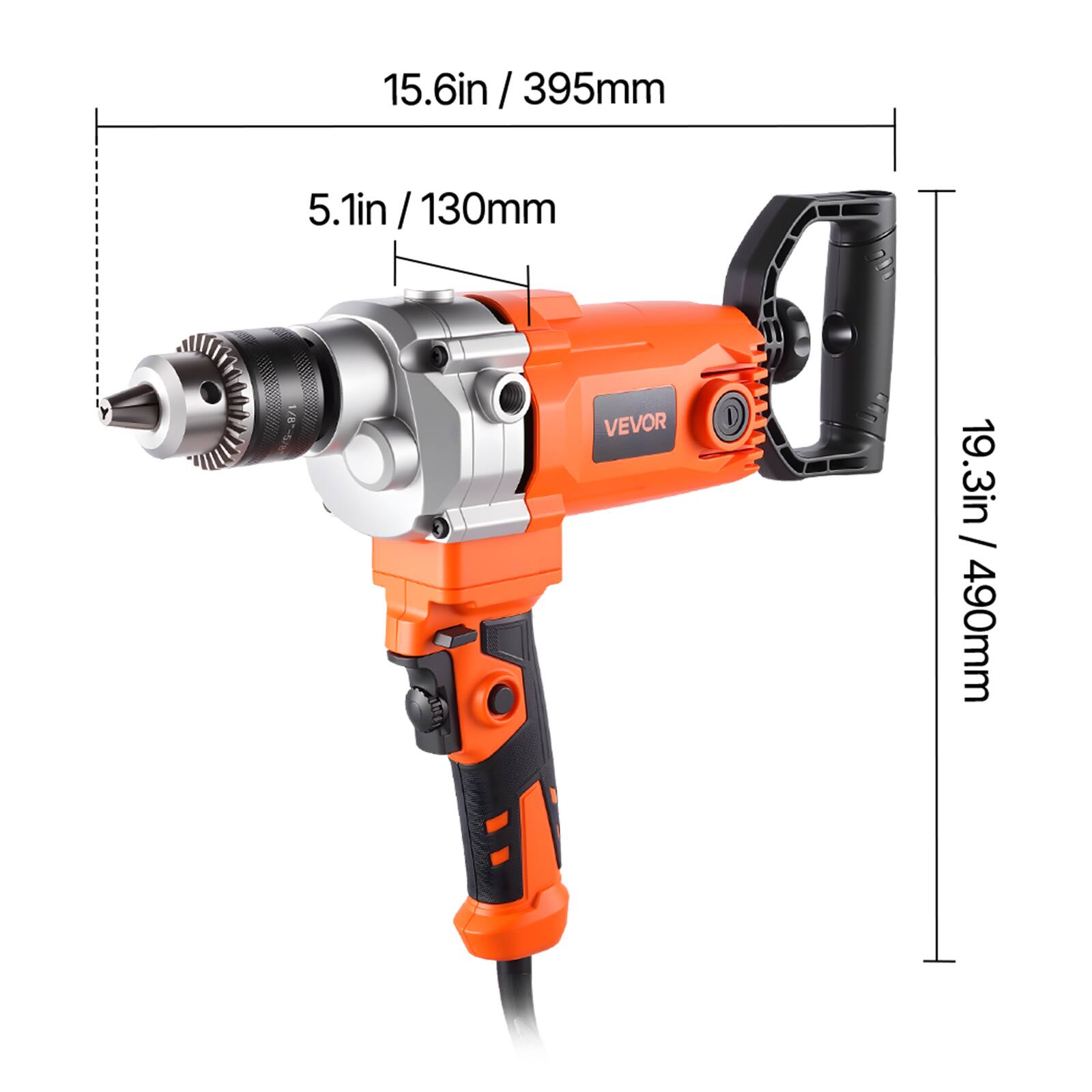 15.6in / 395mm  
5.1in / 130mm  
VEVOR  
19.3in / 490mm