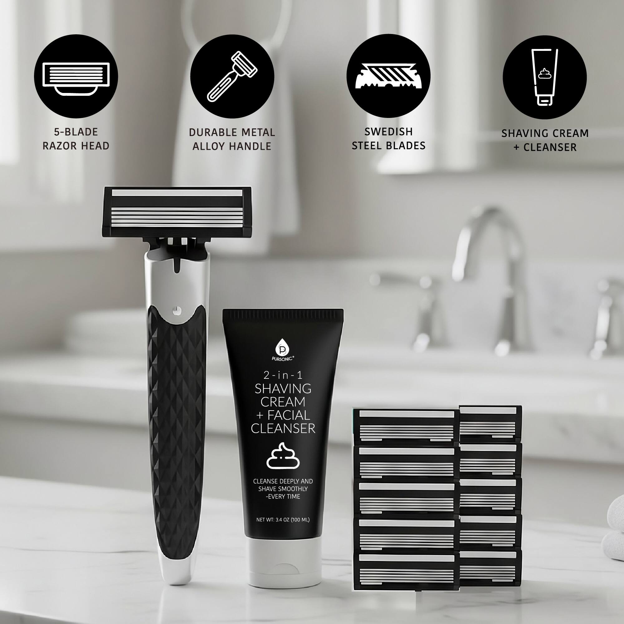 5-Blade Razor Head  
Durable Metal Alloy Handle  
Swedish Steel Blades  
Shaving Cream + Cleanser  

2-in-1 Shaving Cream + Facial Cleanser  
Cleanse deeply and shave smoothly every time