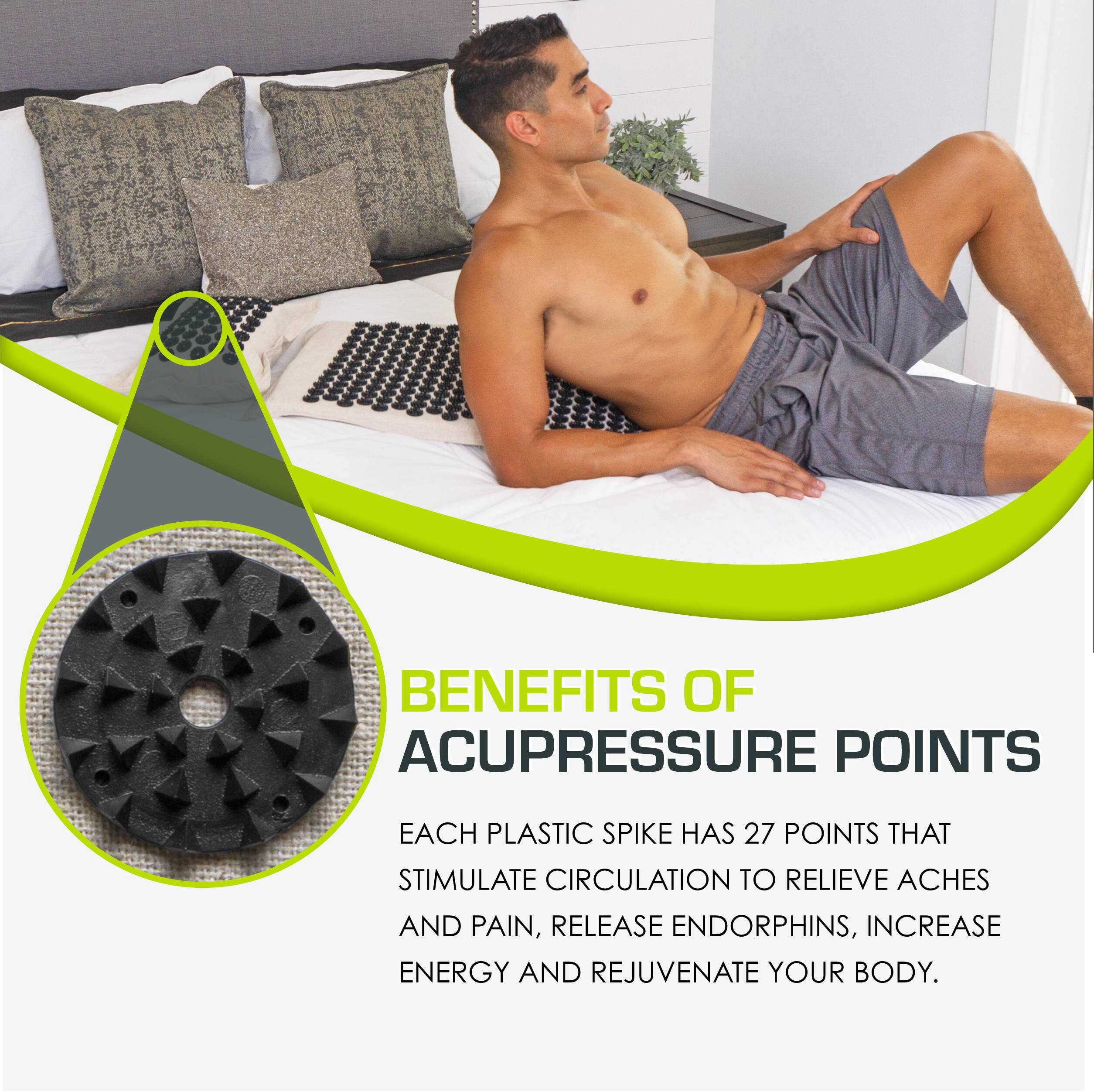 BENEFITS OF ACUPRESSURE POINTS

EACH PLASTIC SPIKE HAS 27 POINTS THAT STIMULATE CIRCULATION TO RELIEVE ACHES AND PAIN, RELEASE ENDORPHINS, INCREASE ENERGY AND REJUVENATE YOUR BODY.