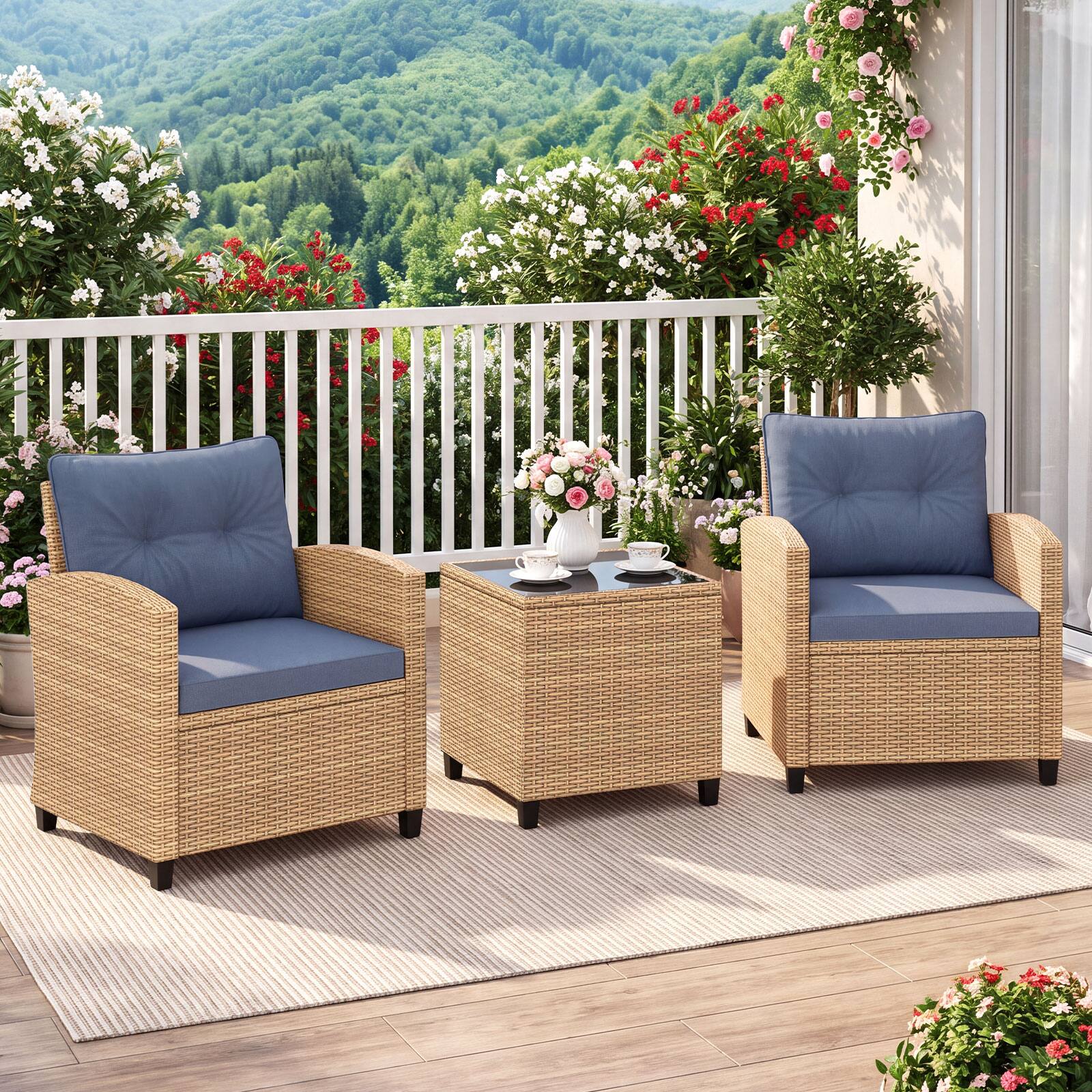 Alt View 4. Costway - Costway 3PCS Patio Furniture Set, Rattan Conversation Set with Soft Seat & Back Cushions - Light Brown+Bluish Gray.
