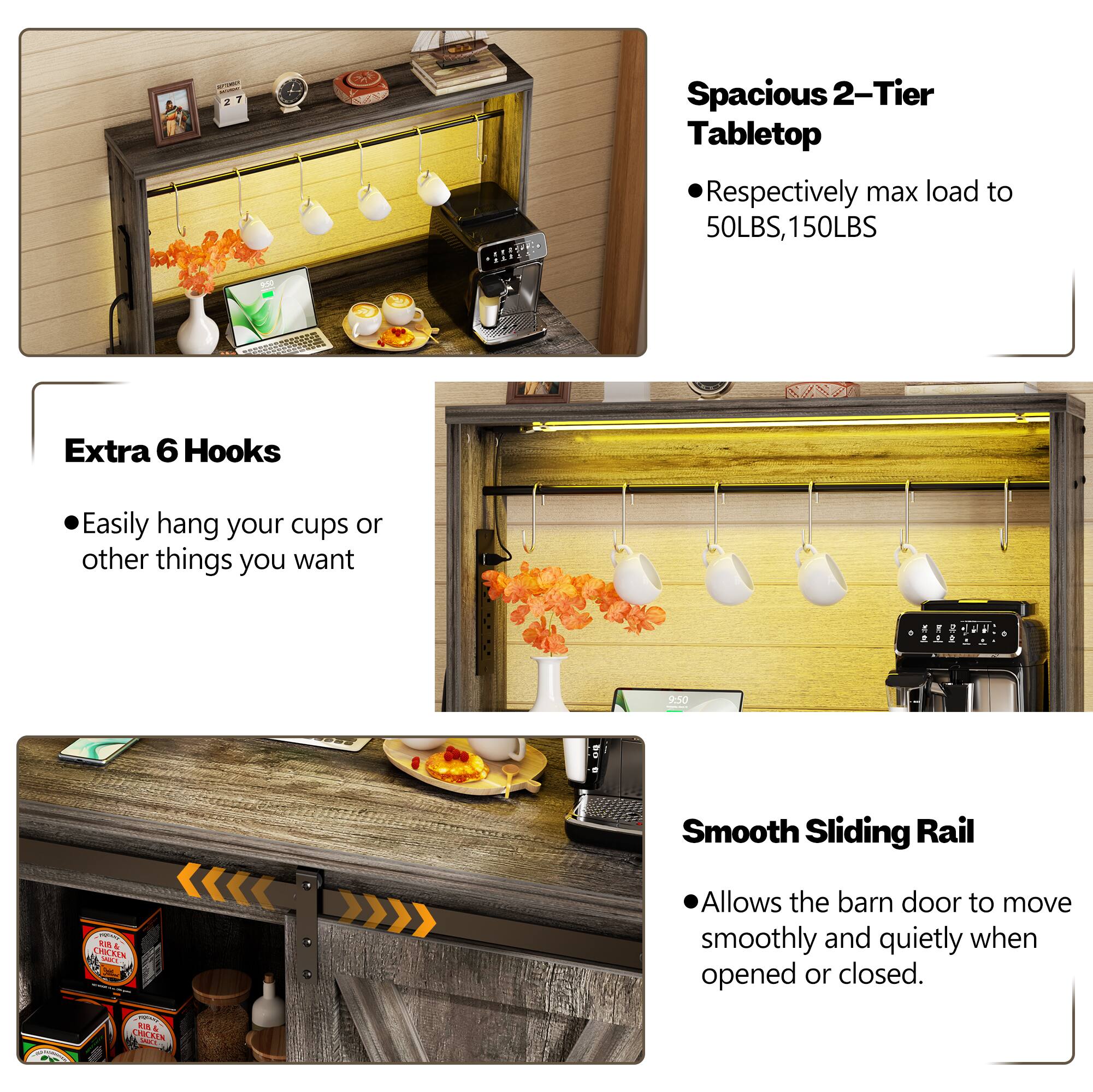 - Spacious 2-Tier Tabletop
  - Respectively max load to 50LBS, 150LBS

- Extra 6 Hooks
  - Easily hang your cups or other things you want

- Smooth Sliding Rail
  - Allows the barn door to move smoothly and quietly when opened or closed.