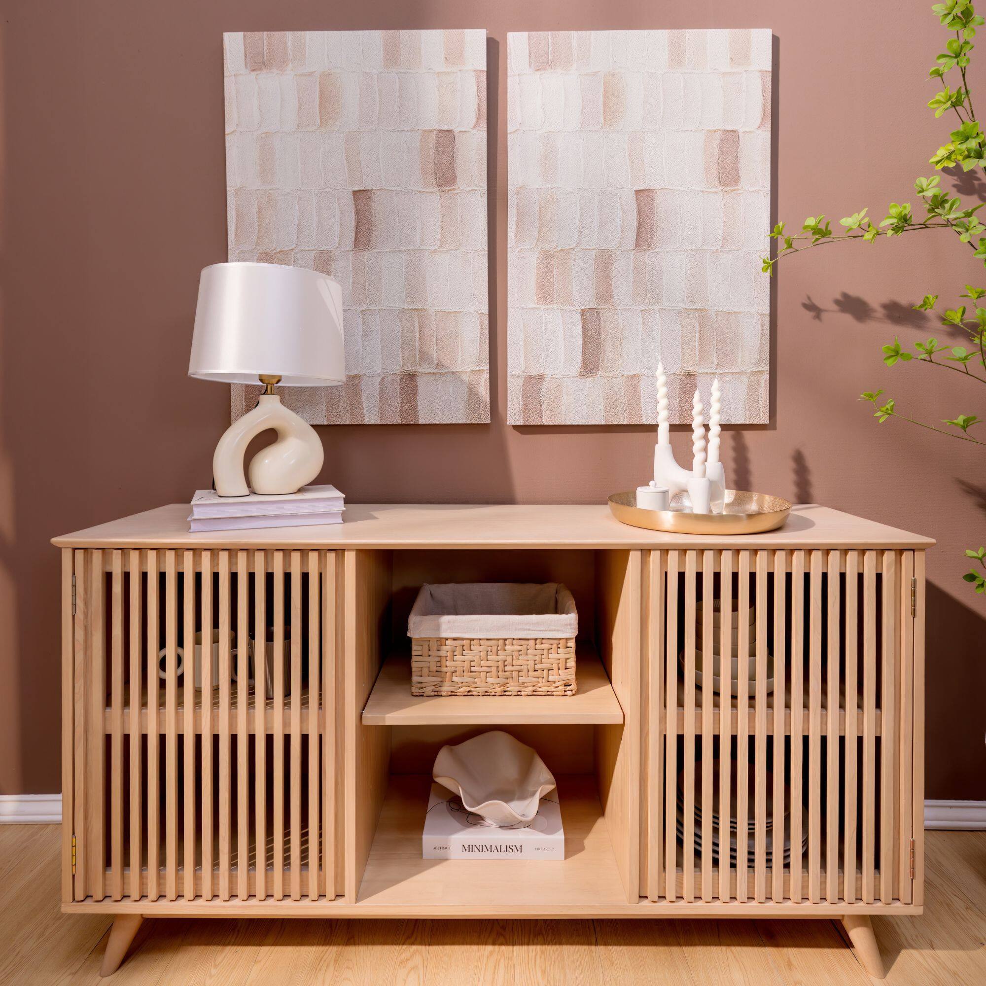 Alt View 1. Plank+Beam - Mid-Century Modern Sideboard/TV Stand|| 2 Door w/ Middle Shelf  (1495 x 406 x 762mm / 59 x 16 x 30in)|| Blonde - Blonde.