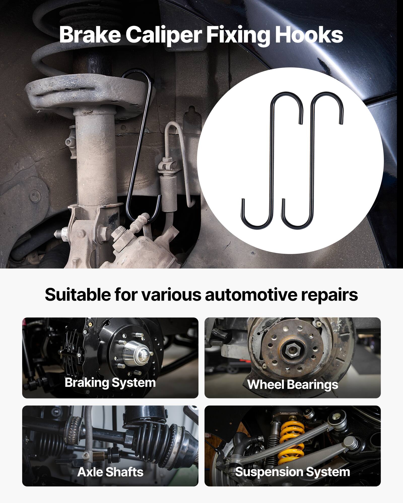 Brake Caliper Fixing Hooks

Suitable for various automotive repairs

- Braking System
- Wheel Bearings
- Axle Shafts
- Suspension System