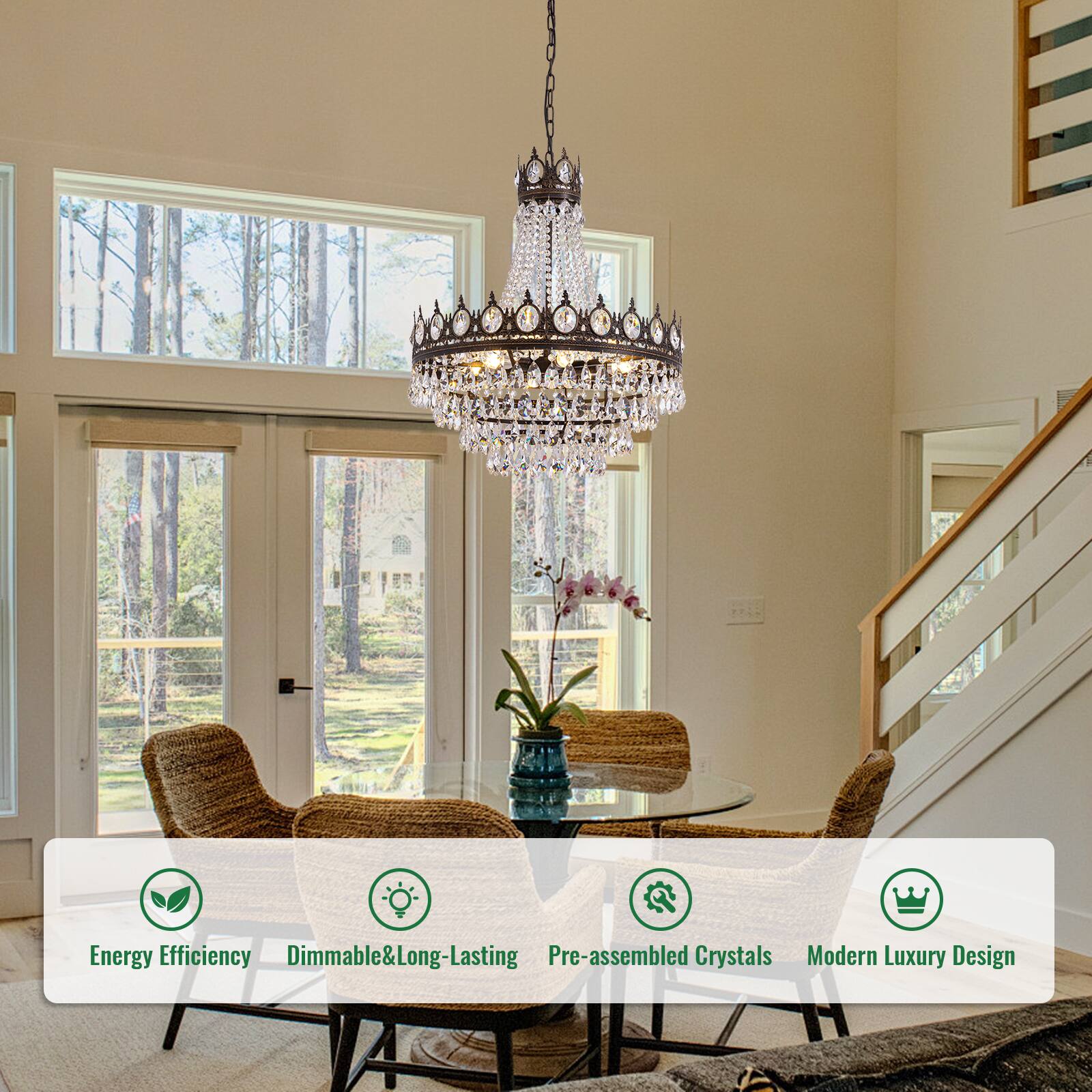Energy Efficiency  
Dimmable & Long-Lasting  
Pre-assembled Crystals  
Modern Luxury Design