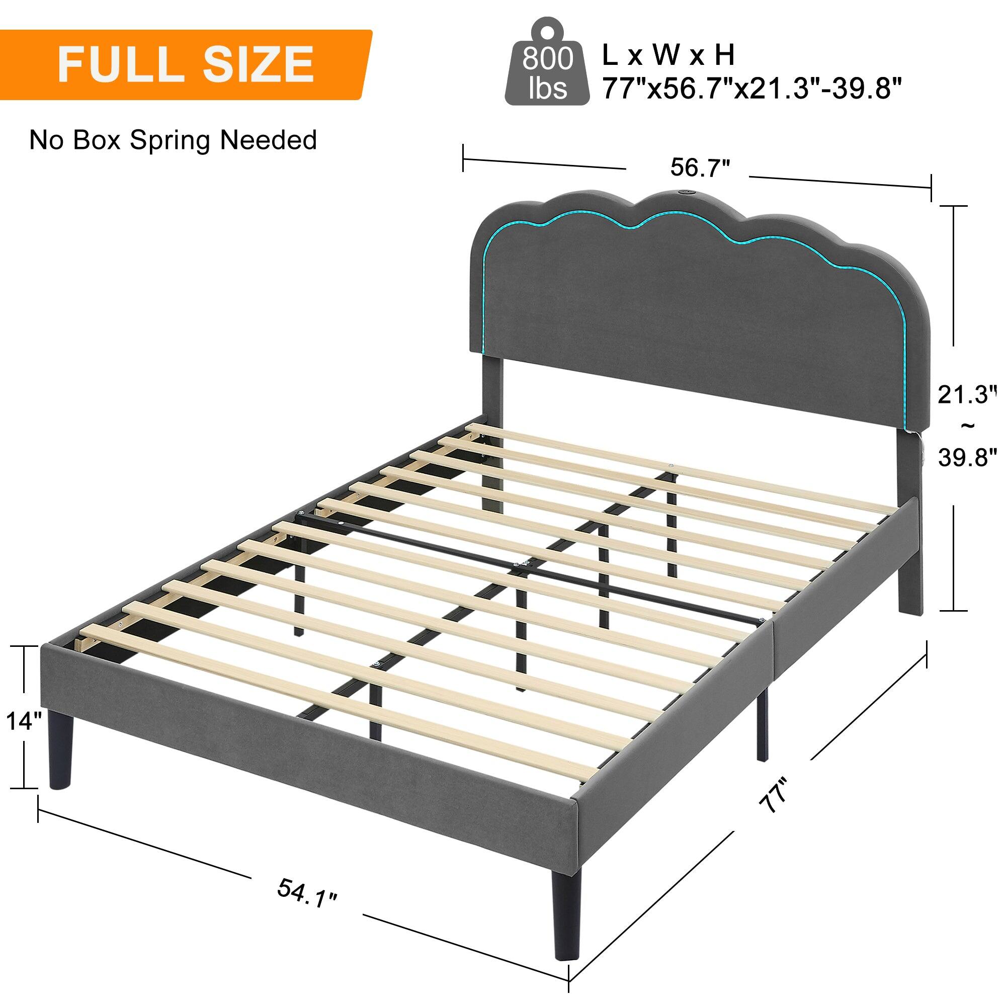 FULL SIZE  
No Box Spring Needed  

800 lbs  
L x W x H  
77" x 56.7" x 21.3" - 39.8"  

56.7"  
21.3"  
39.8"  
14"  
54.1"  
77"