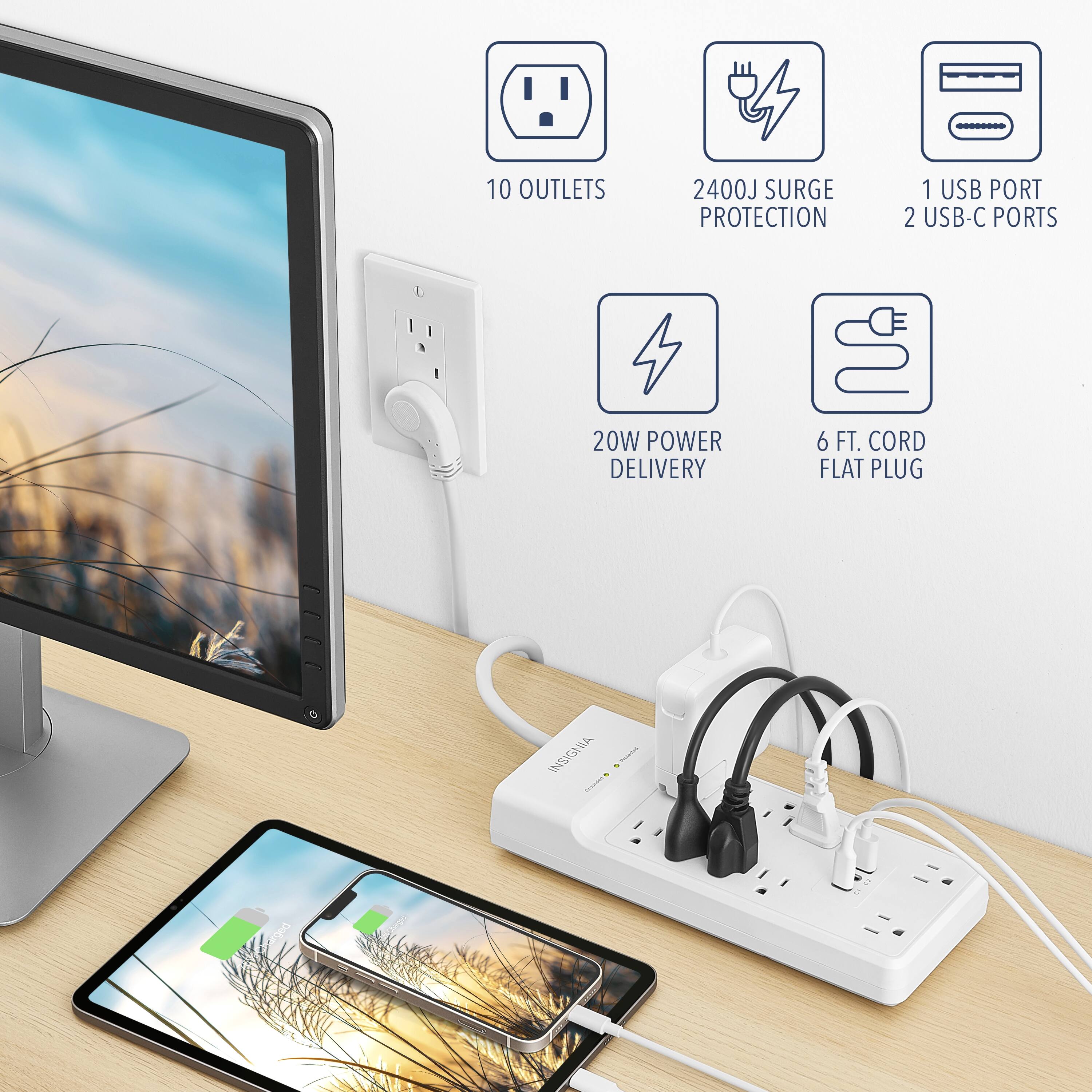 10 OUTLETS, 2400J SURGE PROTECTION, 2 USB-C PORTS, 20W POWER DELIVERY, 6 FT. CORD FLAT PLUG INSIGNIA