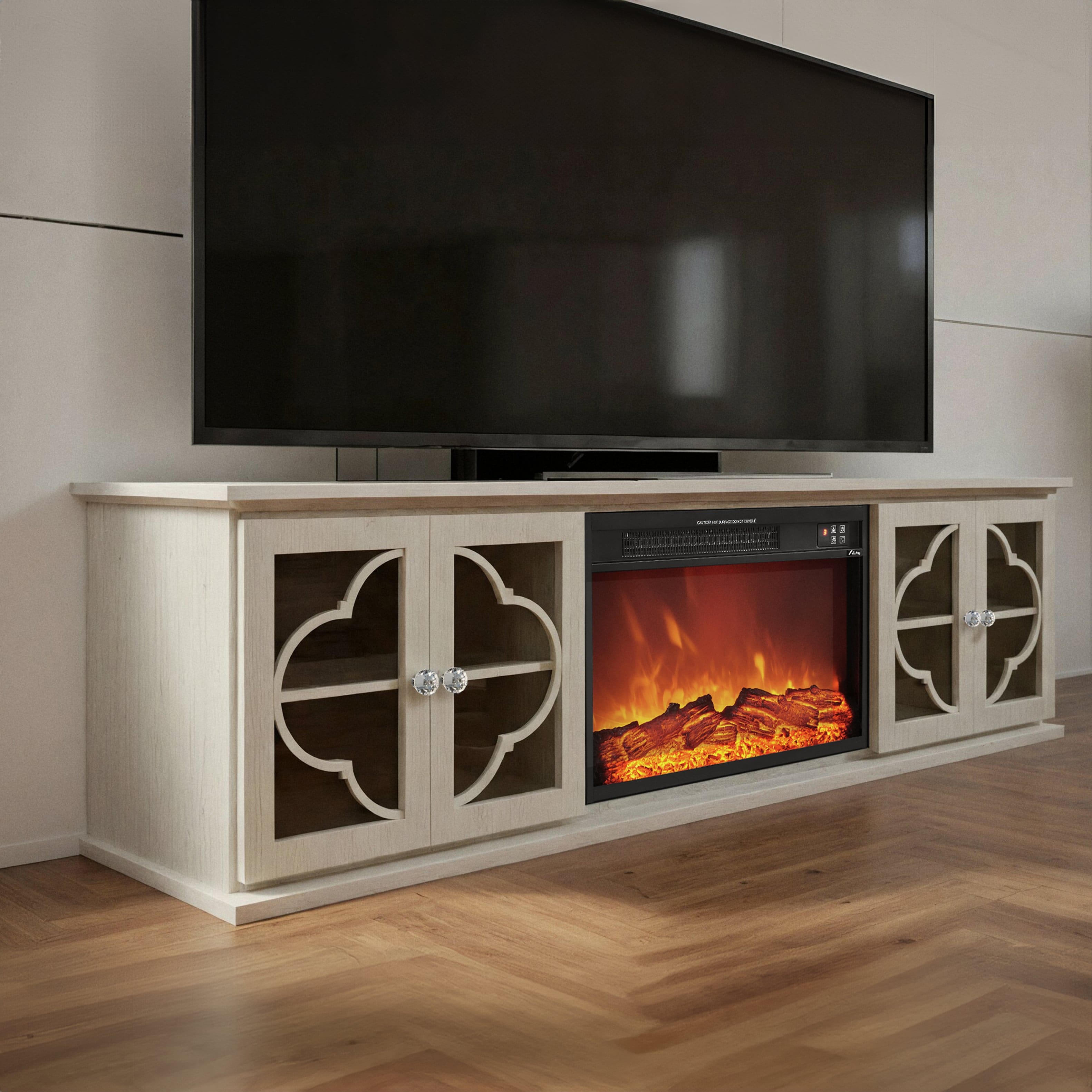 Living Essentials Corp - Monaco Unfold™ 72" Ash Gray Electric Fireplace TV Stand, Modern TV Console & Entertainment Center with Glass Doors - White