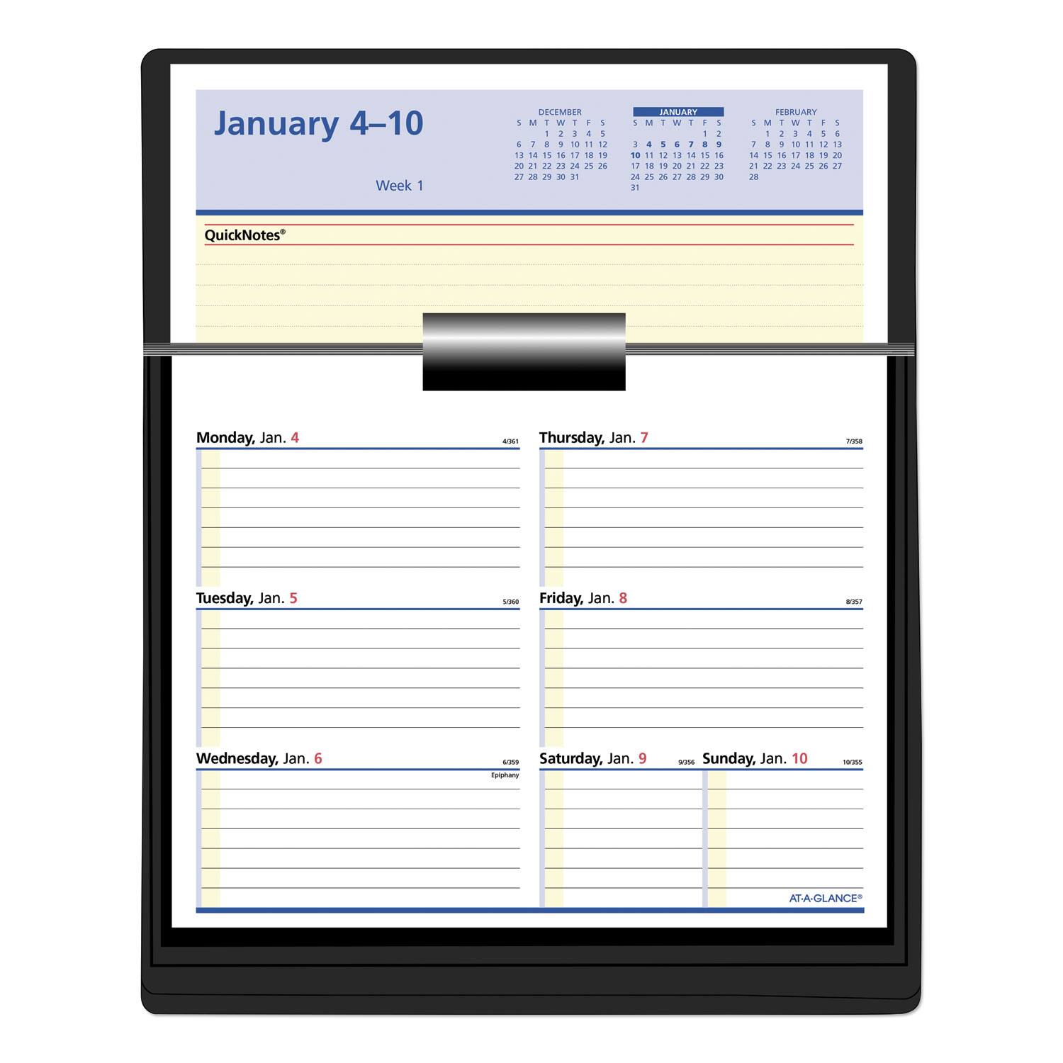 January 4-10  
Week 1  

QuickNotes®  

Monday, Jan. 4  
Tuesday, Jan. 5  
Wednesday, Jan. 6  
Thursday, Jan. 7  
Friday, Jan. 8  
Saturday, Jan. 9  
Sunday, Jan. 10  

AT-A-GLANCE®