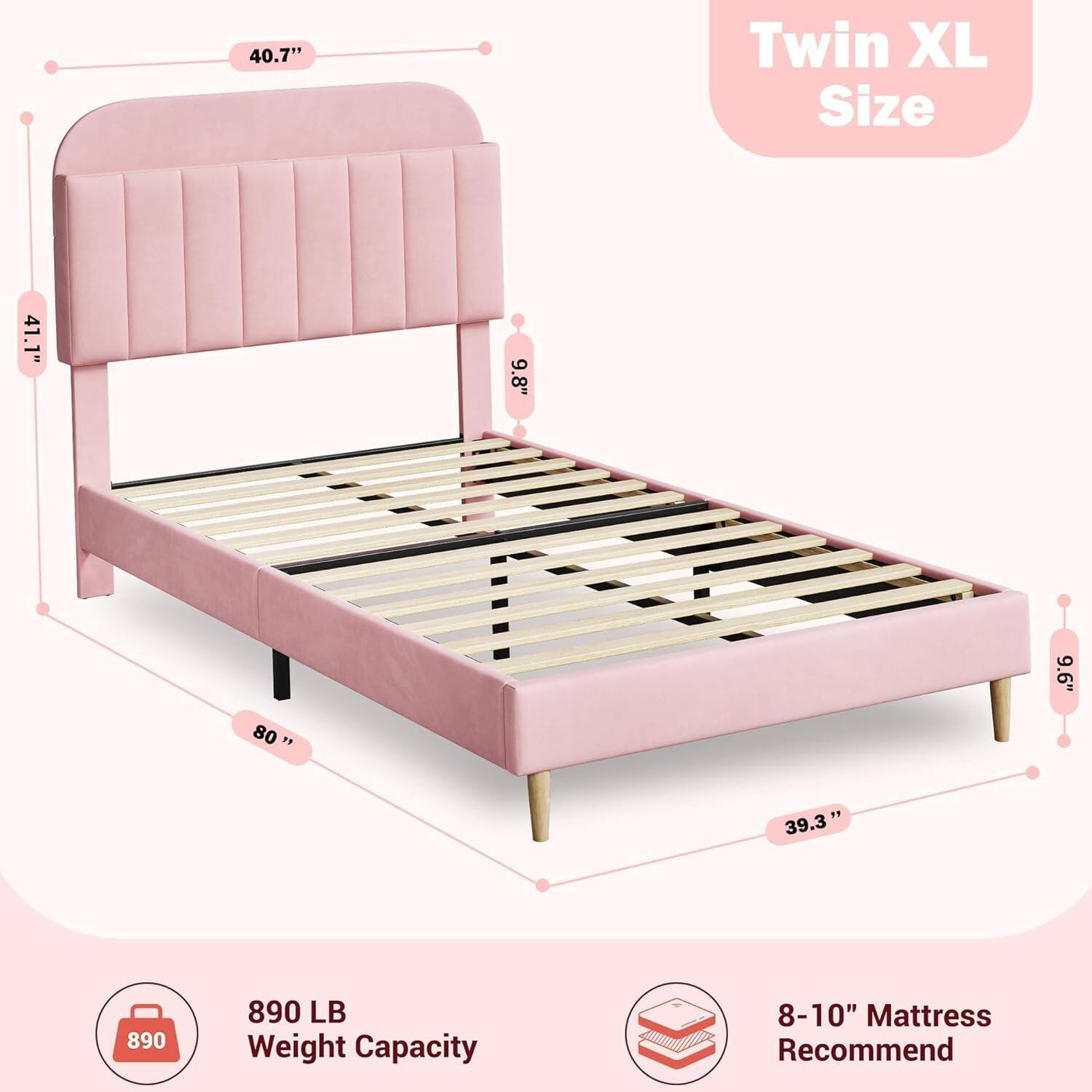 - Twin XL Size
- 40.7" (Headboard height)
- 41.1" (Headboard width)
- 9.8" (Headboard depth)
- 80" (Width)
- 39.3" (Depth)
- 9.6" (Leg height)
- 890 LB Weight Capacity
- 8-10" Mattress Recommended