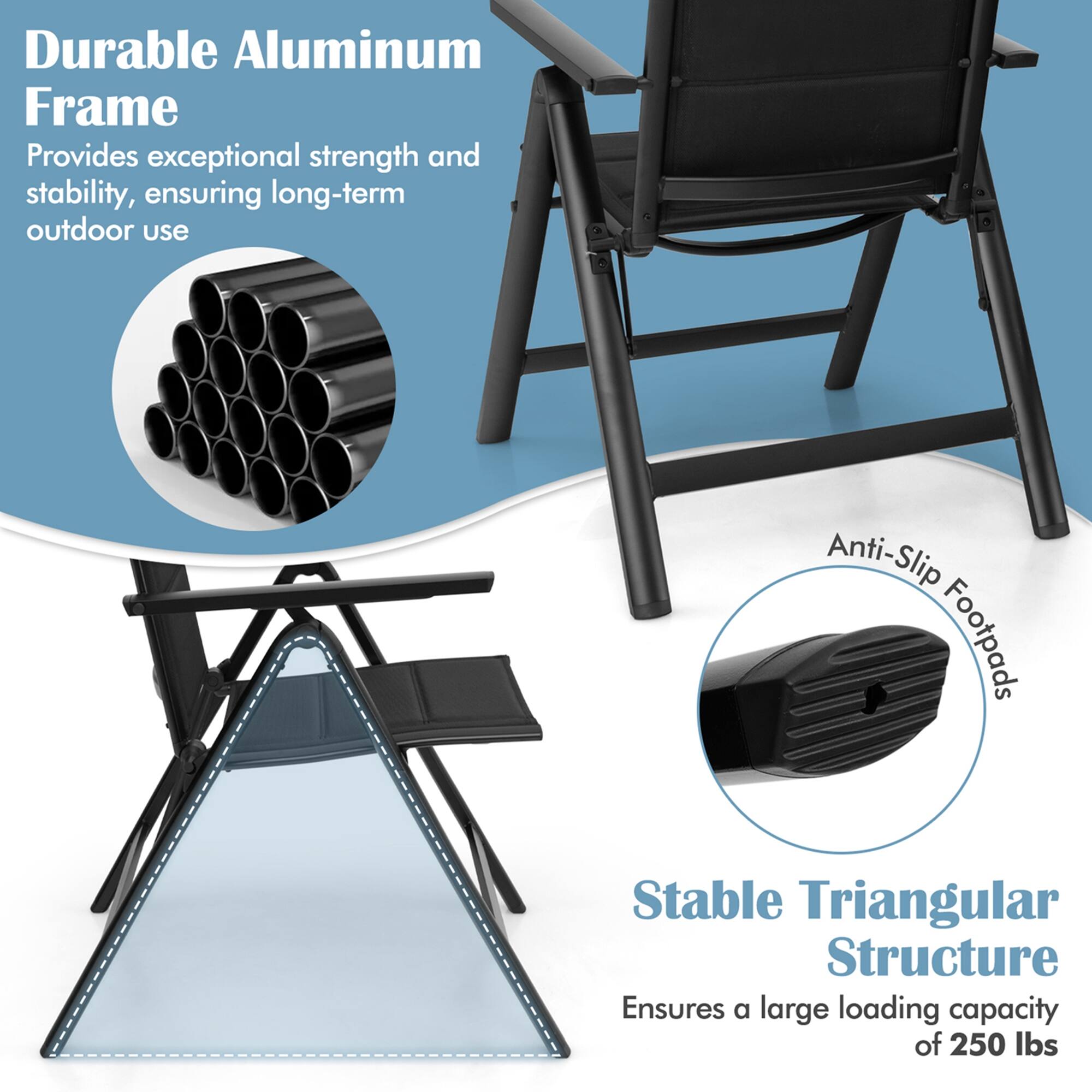 Durable Aluminum Frame: Provides exceptional strength and stability, ensuring long-term outdoor use.
Anti-Slip Footpads: Stable Triangular Structure: Ensures a large loading capacity of 250 lbs.