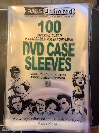 BAGS Unlimited
THIS IS A SATISFACTION GUARANTEED PRODUCT
100
CRYSTAL CLEAR
RESEALABLE POLYPROPYLENE
DVD CASE SLEEVES
SIZE: 6" x 8-1/4" x 1.5 mil
PROD. CODE: SPPDVD R
www.bagsunlimited.com
(800) 767-BAGS
Made in China