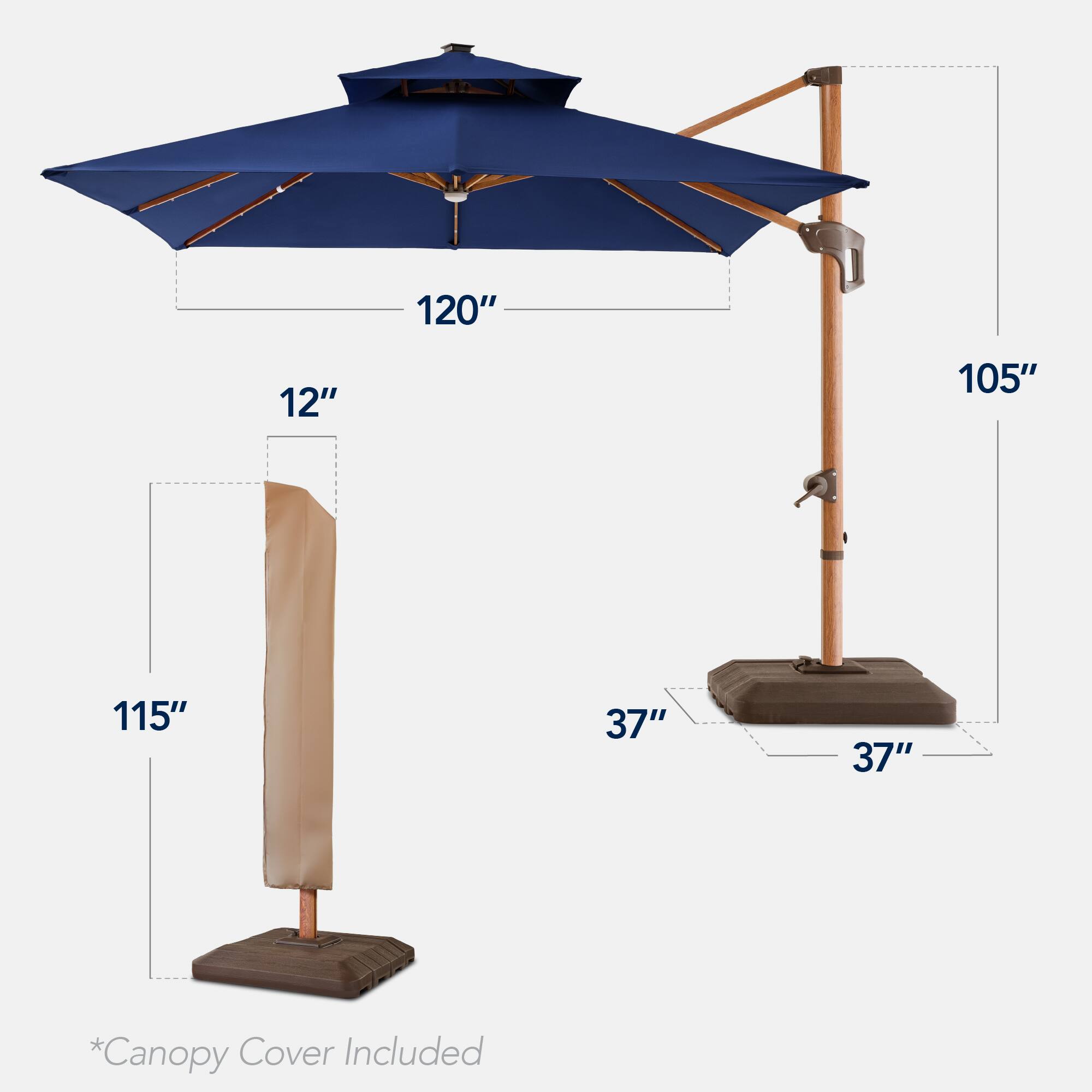 The dimensions of the umbrella are as follows:

- Diameter: 120"
- Height: 115"
- Canopy Cover Included
- Base: 37" x 37"
- Shaft: 12"