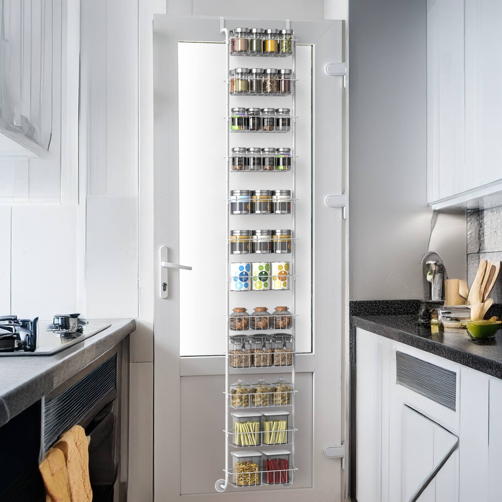 Alt View 3. Oumilen - Over-the-Door 12-Tier Small Basket Organizer, White Metal Hanging Storage Rack 73.8 x 11.4 x 5.3 in for Pantry Bathroom - White.