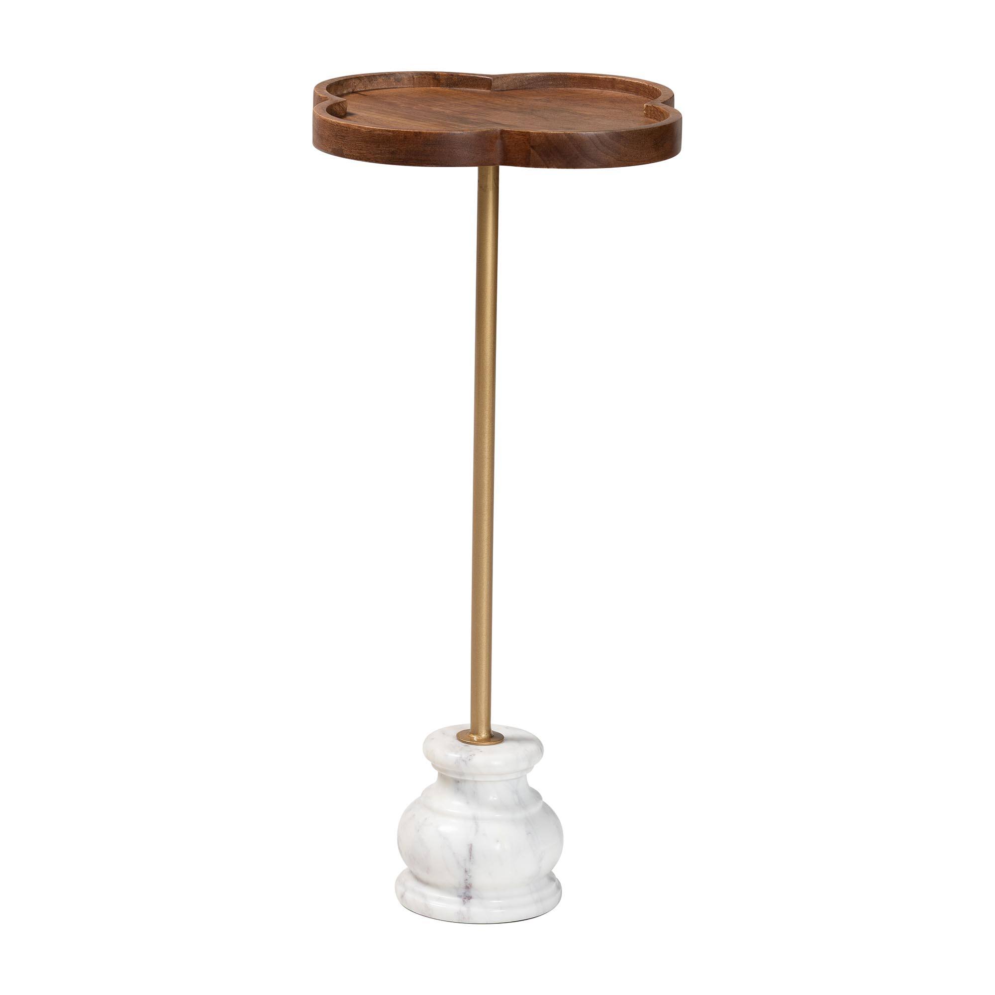 Angle. Baxton Studio - Gezana Drink Table with Marble Base - Compact Pedestal Accent Table with Clover Tray Top for Living Room or Sofa Side - Marble White/Gold/Walnut Brown.