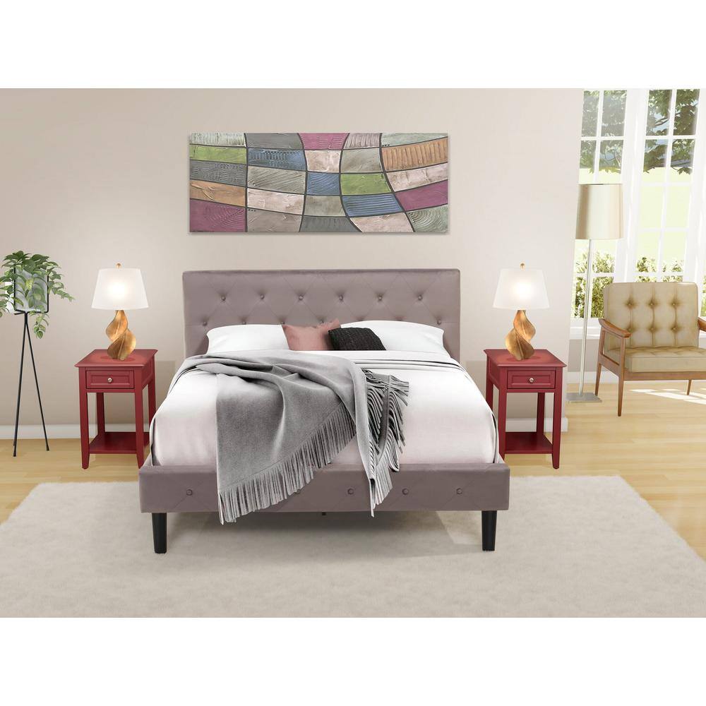 East West Furniture - NL14Q-2DE13 3 Pc Queen Bedroom Set - 1 Wood Bed Brown Taupe Velvet Fabric Headboard and 2 nightstands - Burgundy Finish - Taupe Brown
