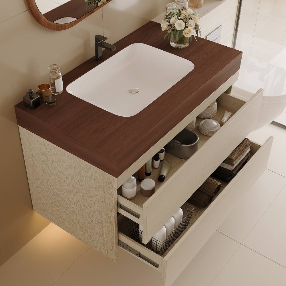 Alt View 1. Loheer - Loheer 29.9 inch floating bathroom vanity Walnut Wood Sintered Stone Top - Walnut.