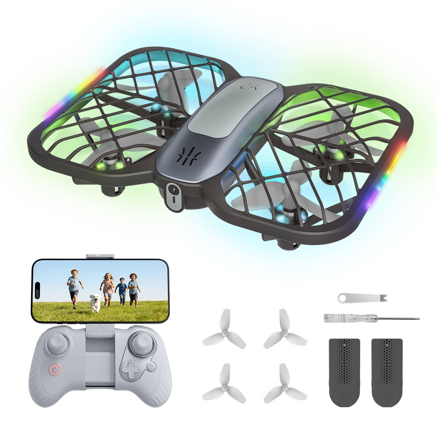 URANHUB - 720P HD Camera Mini Drone with 5 Colorful Lighting Modes and Remote Controller - Brown