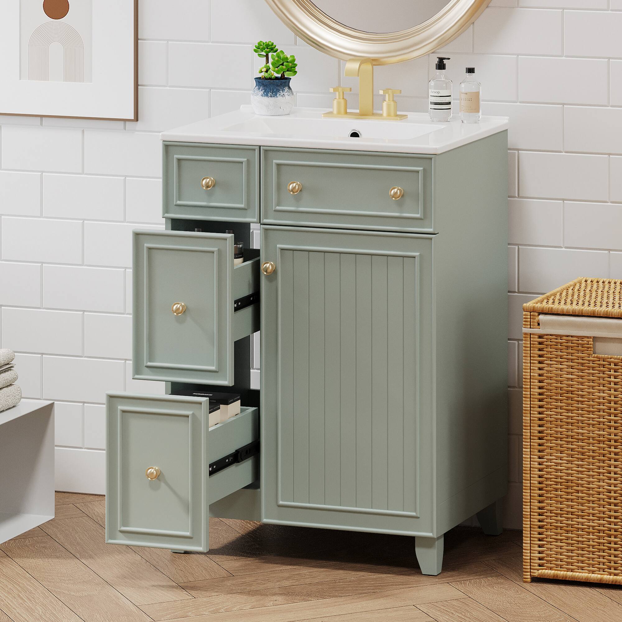 Angle. ELEMENT ACE - Compact 24-Inch Bathroom Vanity Cabinet with Ceramic Sink and Ample Storage Space - Green.
