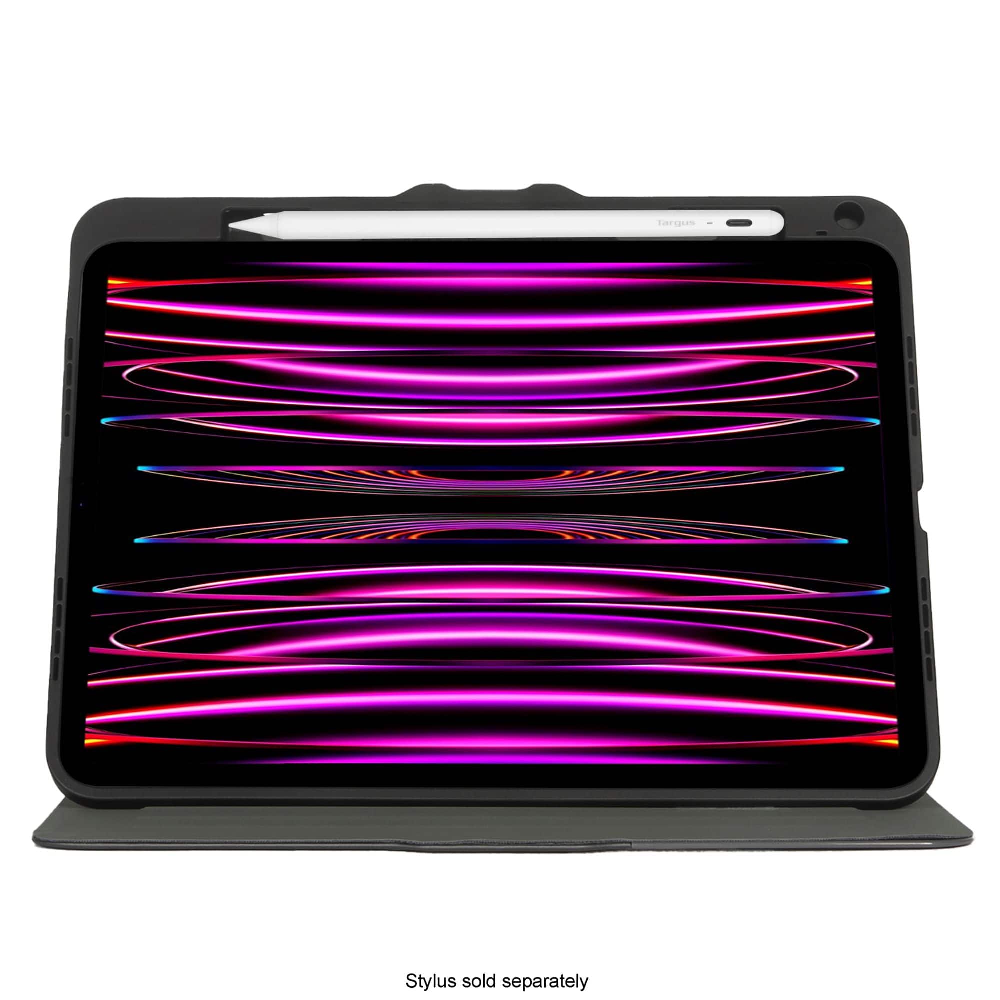The image features a laptop computer with a purple and pink striped background. The laptop is open, and the screen displays a colorful, abstract pattern. The laptop is black and has a stylus, which is sold separately.