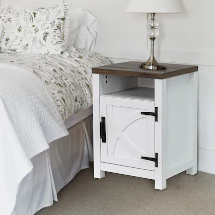 Front. Ihomeadore - Farmhouse Barn Door Nightstand Bedside Table with Adjustable Shelves - White and Brown.