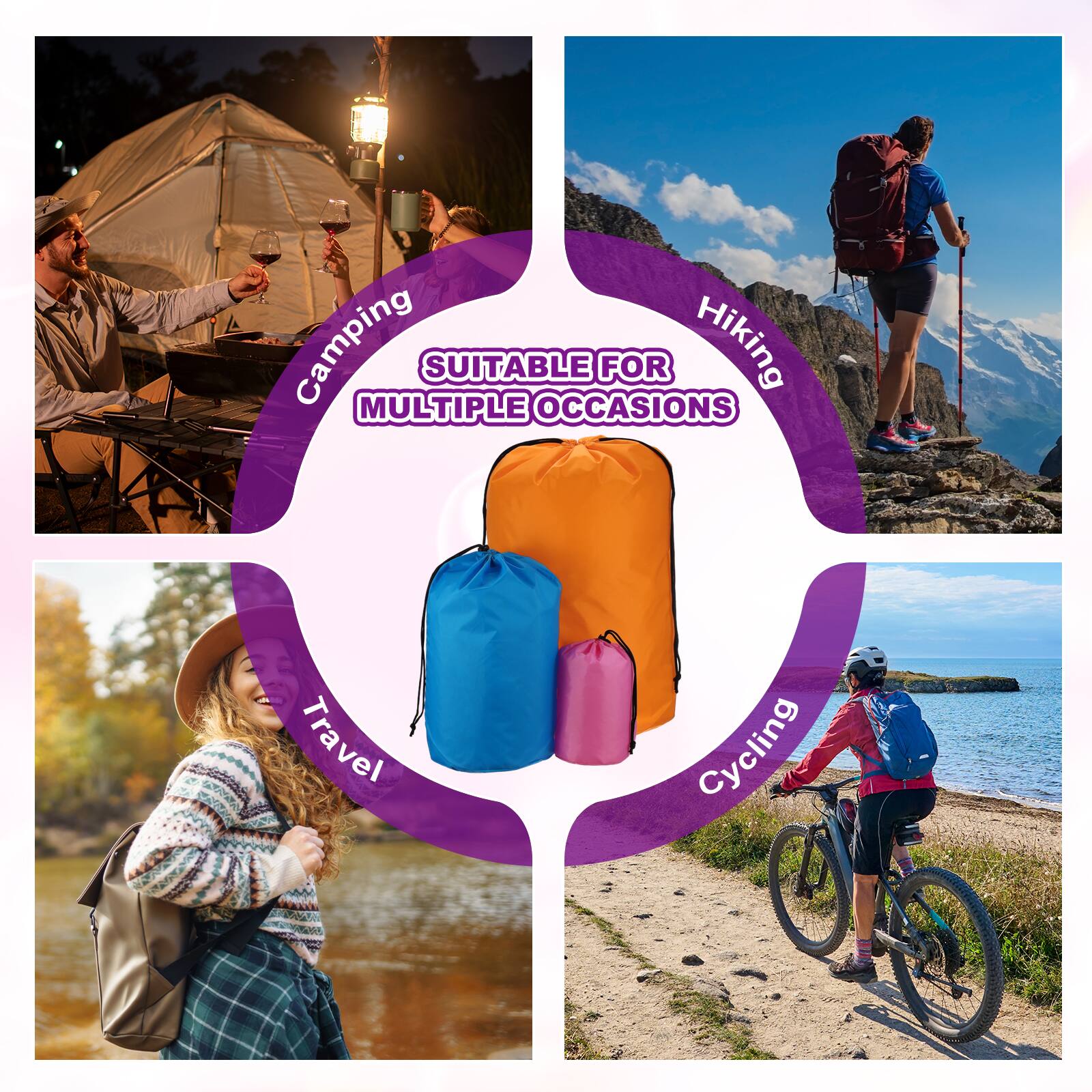 Camping  
SUITABLE FOR MULTIPLE OCCASIONS  
Hiking  
Travel  
Cycling