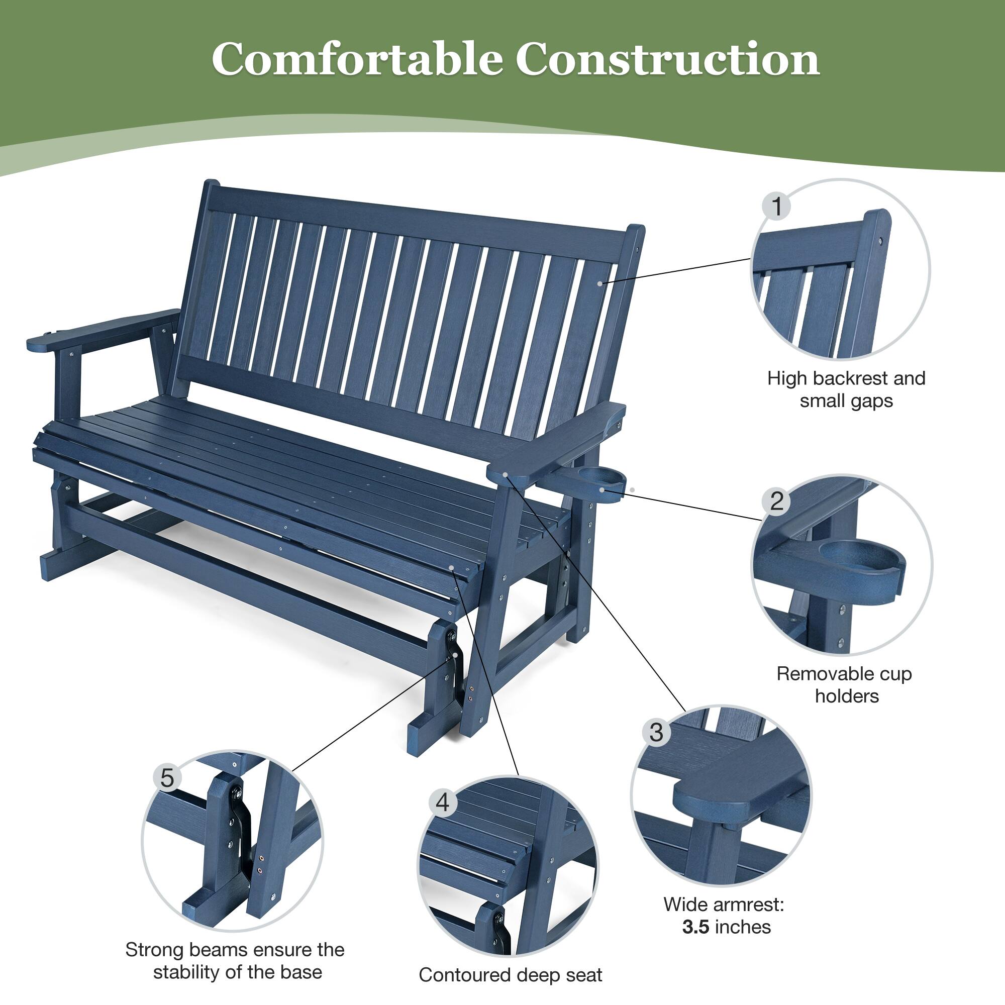 Comfortable Construction

1. High backrest and small gaps
2. Removable cup holders
3. Wide armrest: 3.5 inches
4. Contoured deep seat
5. Strong beams ensure the stability of the base