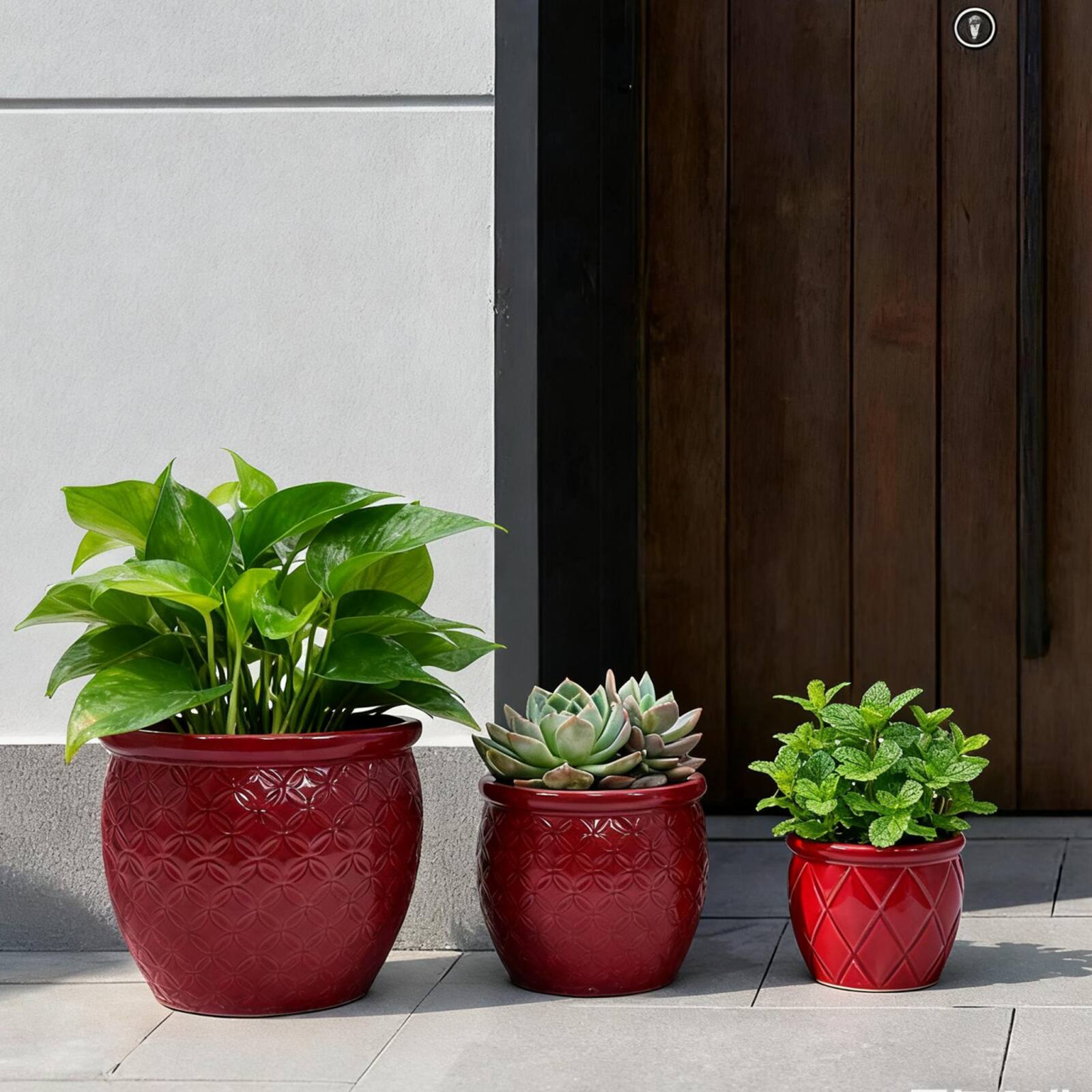 Left. Loheer - Loheer Ceramic Planter Set Handmade Set of 3 Red Ceramic Planters with Floral Embossed Pattern for Orchids.