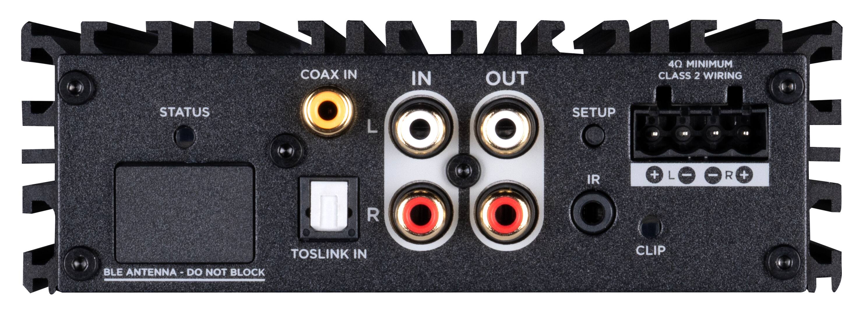 COAX IN, IN, OUT, 4Q MINIMUM CLASS 2 WIRING, STATUS, SETUP, IR, L, R, TOSLINK IN, BLE ANTENNA - DO NOT BLOCK, CLIP