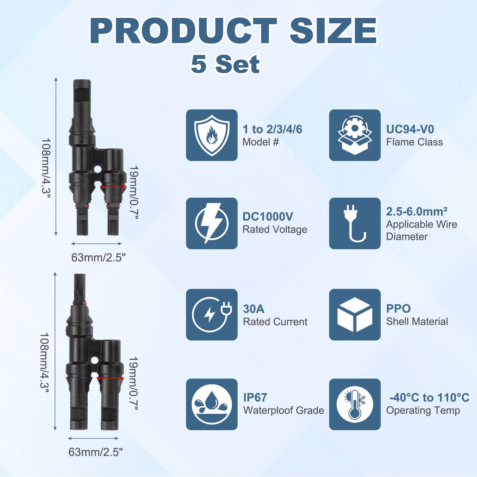 PRODUCT SIZE  
5 Set  

1 to 2/3/4/6  
Model # DC1000V  
Rated Voltage  
UC94-VO Flame Class  
2.5-6.0mm Applicable Wire Diameter  
30A Rated Current  
IP67 Waterproof Grade  
PPO Shell Material  
-40°C to 110°C Operating Temp  

108mm/4.3"  
19mm/0.7"  
63mm/2.5"