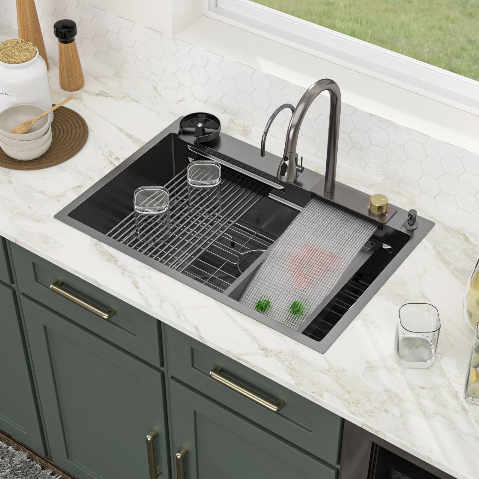 Back. Lordear - 33x22 in. Drop-In Single Bowl 16-Gauge Stainless Steel Gunmetal Black Workstation Waterfall Kitchen Sink with Faucet - Gunmetal Black.